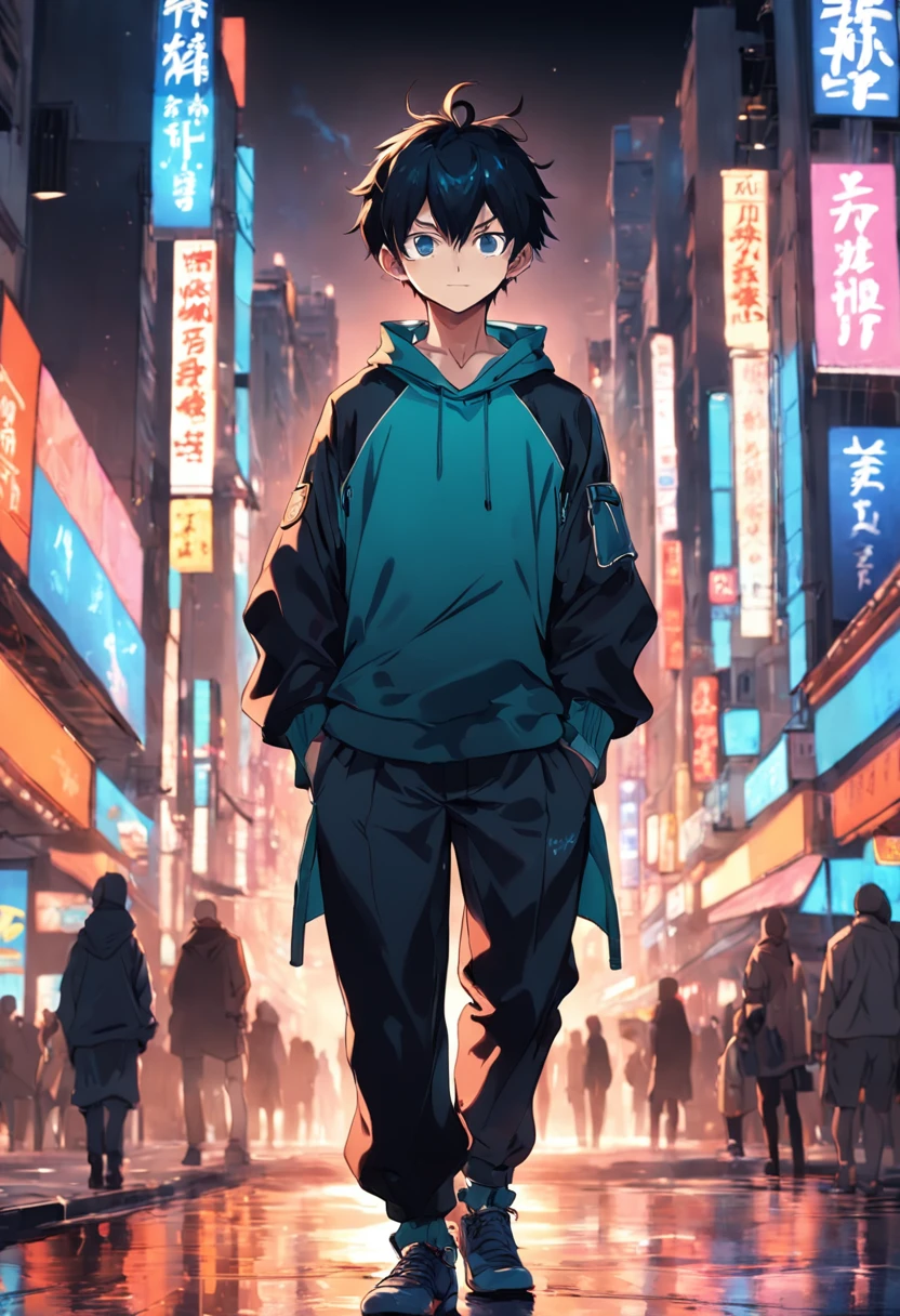 A boy, transformed into an anime style, with exaggerated unique facial features and clothing, standing on a bustling city street, backlit background highlighting the subject, high-contrast colors, 4K high-definition quality,young, smiling, handsome