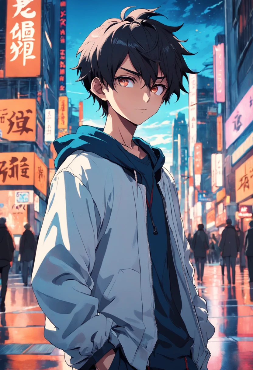 A boy, transformed into an anime style, with exaggerated unique facial features and clothing, standing on a bustling city street, backlit background highlighting the subject, high-contrast colors, 4K high-definition quality，young, smiling, handsome