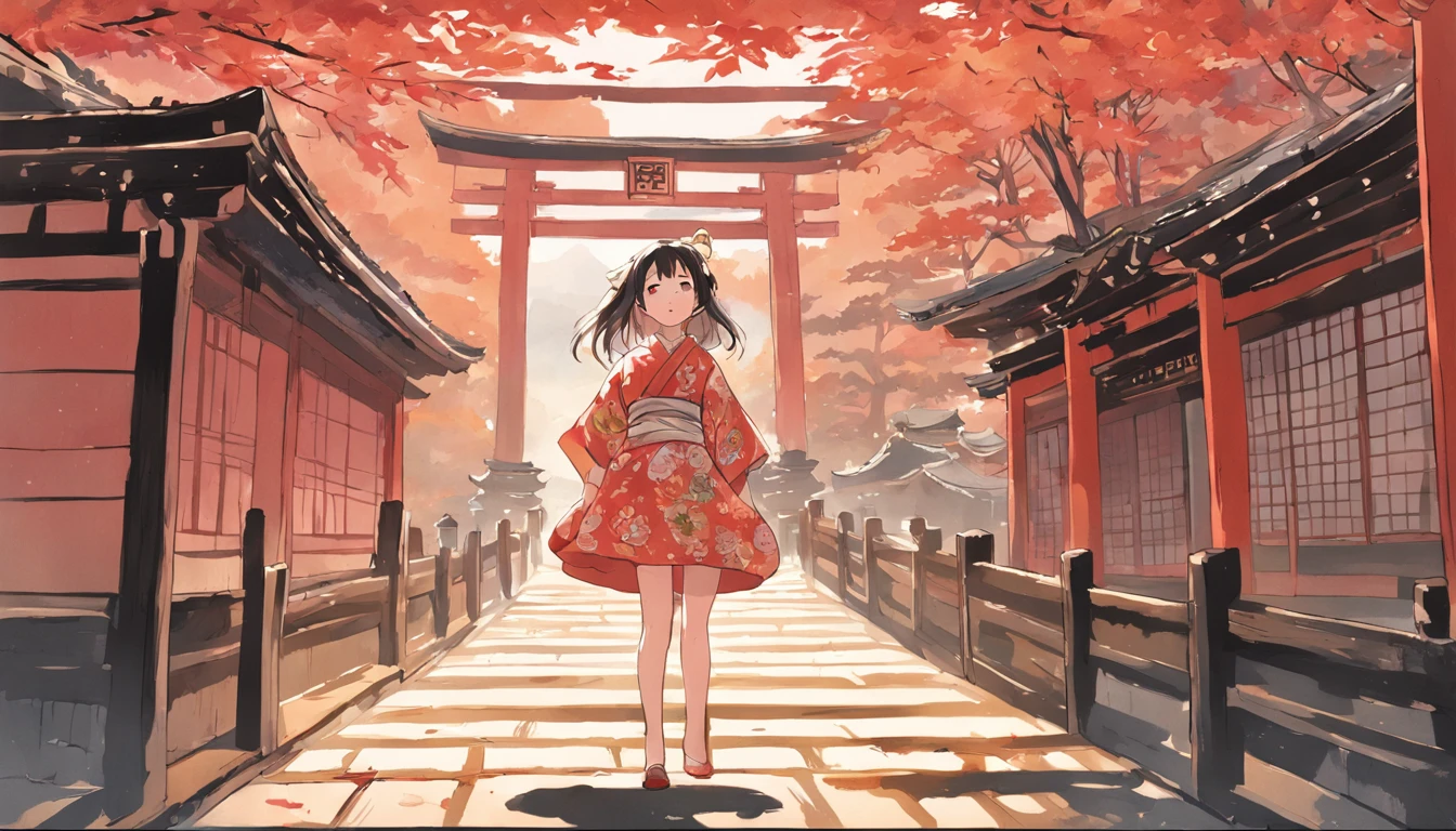 Woodblock prints and ink, A girl turned around, Clothing product samples , kawaii, smile, with colored contacts in her eyes, Accessories, full body,walking , in summer , Kinkakuji Temple in Kyoto