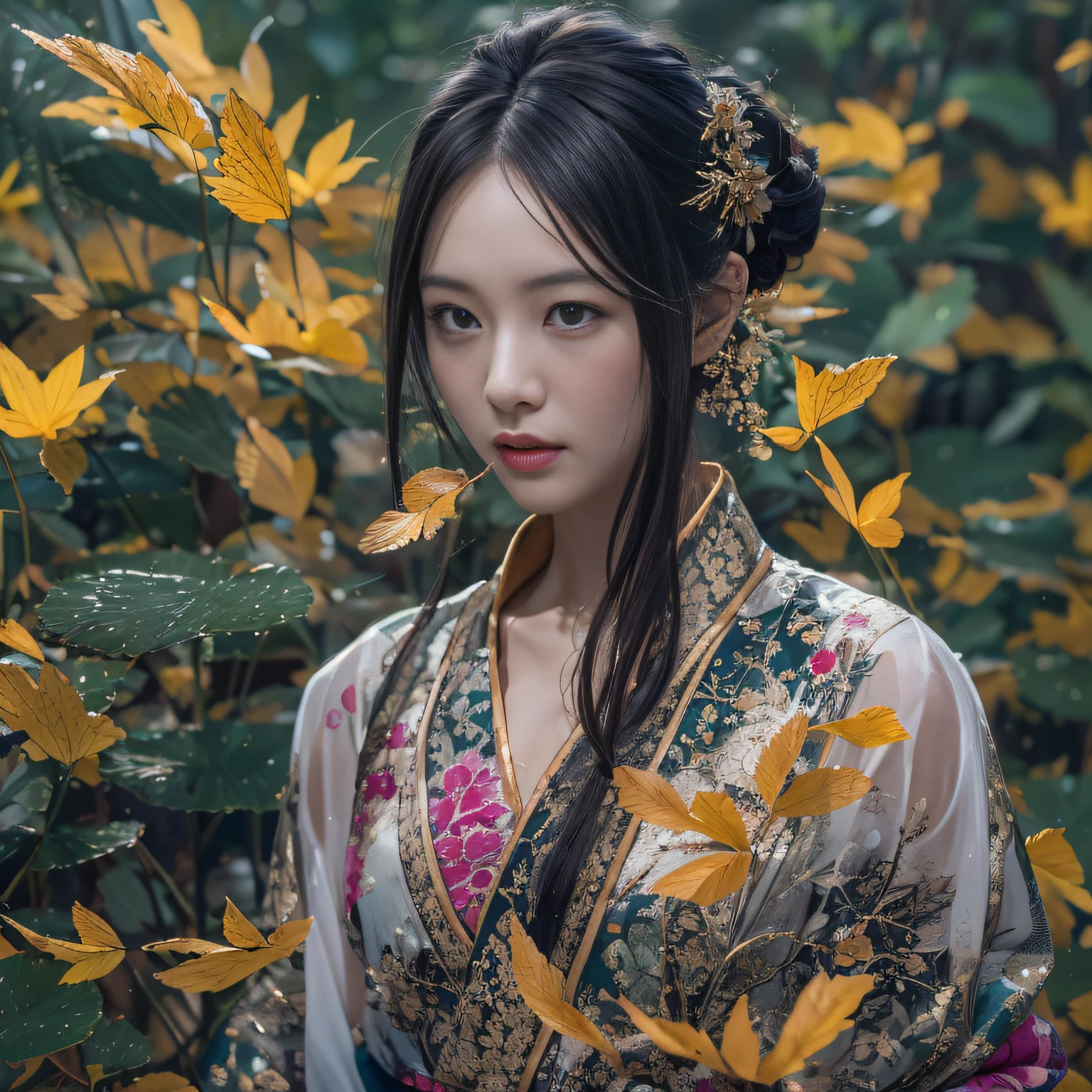 32K（tmasterpiece，k hd，hyper HD，32K）Long flowing black hair，ponds，zydink， a color，  Asian people （Silly girl）， （Silk scarf）， Combat posture， looking at the ground， long whitr hair， Floating hair， Carp pattern headdress， Chinese bright purple long-sleeved outfit， （abstract ink splash：1.2），Yellow ginkgo biloba background，Pink and white lotus flowers fly（realisticlying：1.4），Black color hair，Fallen leaves flutter，The background is pure， A high resolution， the detail， RAW photogr， Sharp Re， Nikon D850 Film Stock Photo by Jefferies Lee 4 Kodak Portra 400 Camera F1.6 shots, Rich colors, ultra-realistic vivid textures, Dramatic lighting, Unreal Engine Art Station Trend, cinestir 800，Long flowing black hair