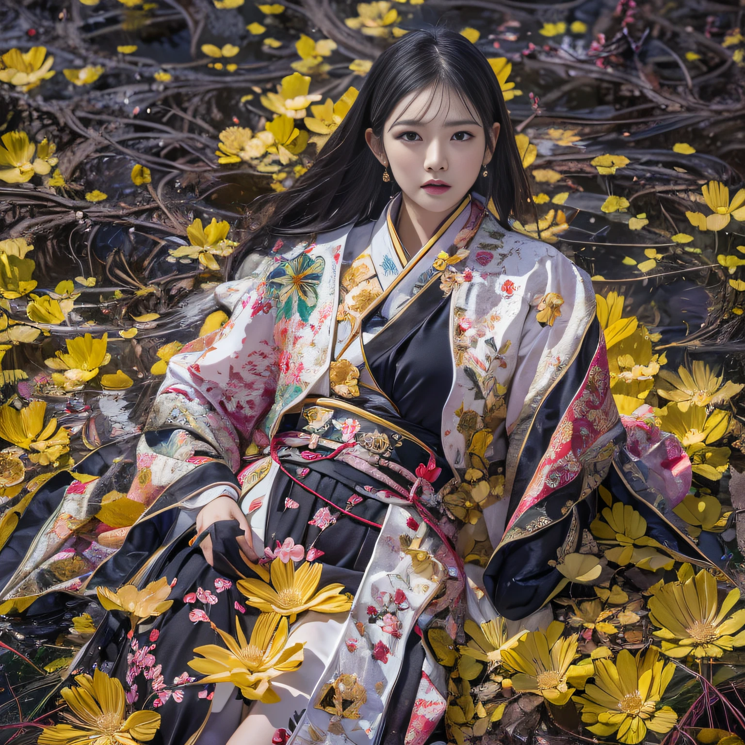 32K(tmasterpiece,k hd,hyper HD,32K)Long flowing black hair,ponds,zydink, a color, Asian people (Silly girl), (Silk scarf), Combat posture, looking at the ground, long whitr hair, Floating hair, Carp pattern headdress, Chinese bright purple long-sleeved outfit, (abstract ink splash:1.2),Yellow ginkgo biloba background,Pink and white lotus flowers fly(realisticlying:1.4),Black color hair,Fallen leaves flutter,The background is pure, A high resolution, the detail, RAW photogr, Sharp Re, Nikon D850 Film Stock Photo by Jefferies Lee 4 Kodak Portra 400 Camera F1.6 shots, Rich colors, ultra-realistic vivid textures, Dramatic lighting, Unreal Engine Art Station Trend, cinestir 800,Long flowing black hair