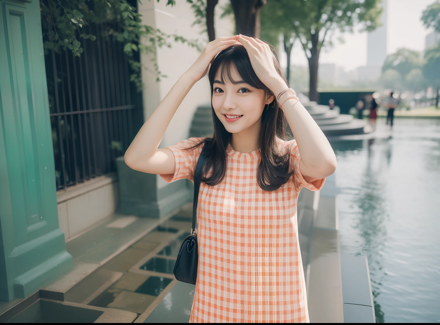 ((best quality, 8K, masterpiece: 1.3)), beautiful girl, pure, melon face, kind and cute, sweet smile, pure desire, slender body, (front), (tilted head), ((looking at camera) ), wearing a navy blue very short dress, black silky midium hair, long flowing shoulders, round black big eyes, clear big eyes, moist red lips, sweet, standing on front of the fountain, park background , ((((whole body)))),