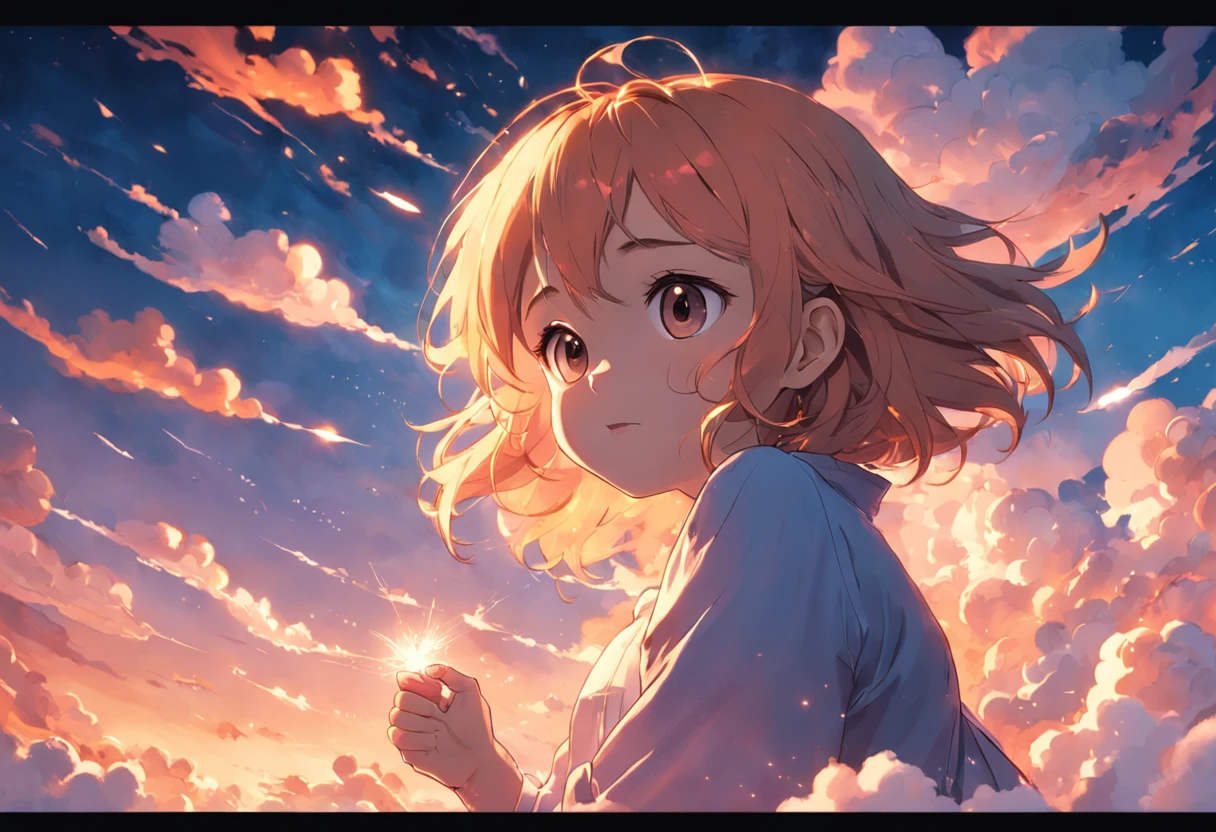 masterpiece, best quality, movie still, 1girl, cloud girl, floating in the sky, close-up, bright, happy, warm soft lighting, sunset, (sparks:0.7)