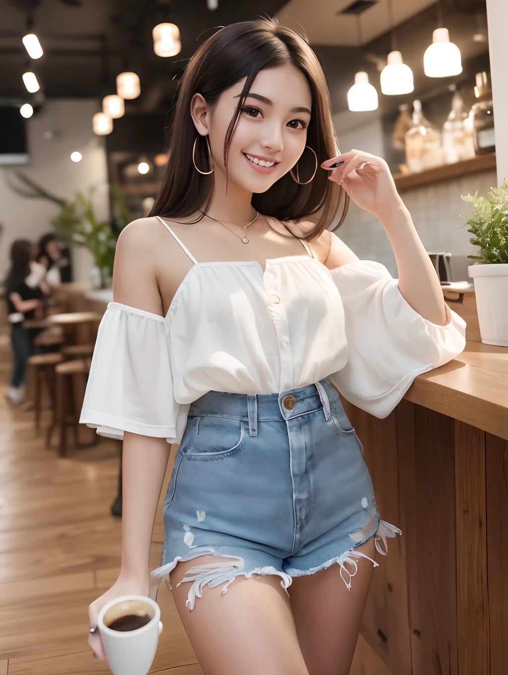 Best quality, 8k, Masterpiece:1.3 , 1girl, beautiful young woman with casual fashion:1.3, emphasize her bright smile and energetic vibe:1.2, wearing stylish street fashion, interior of a cafe in Shibuya, delicate face, lively eyes, natural makeup look, smiling and laughing with friends over coffee --auto --s2