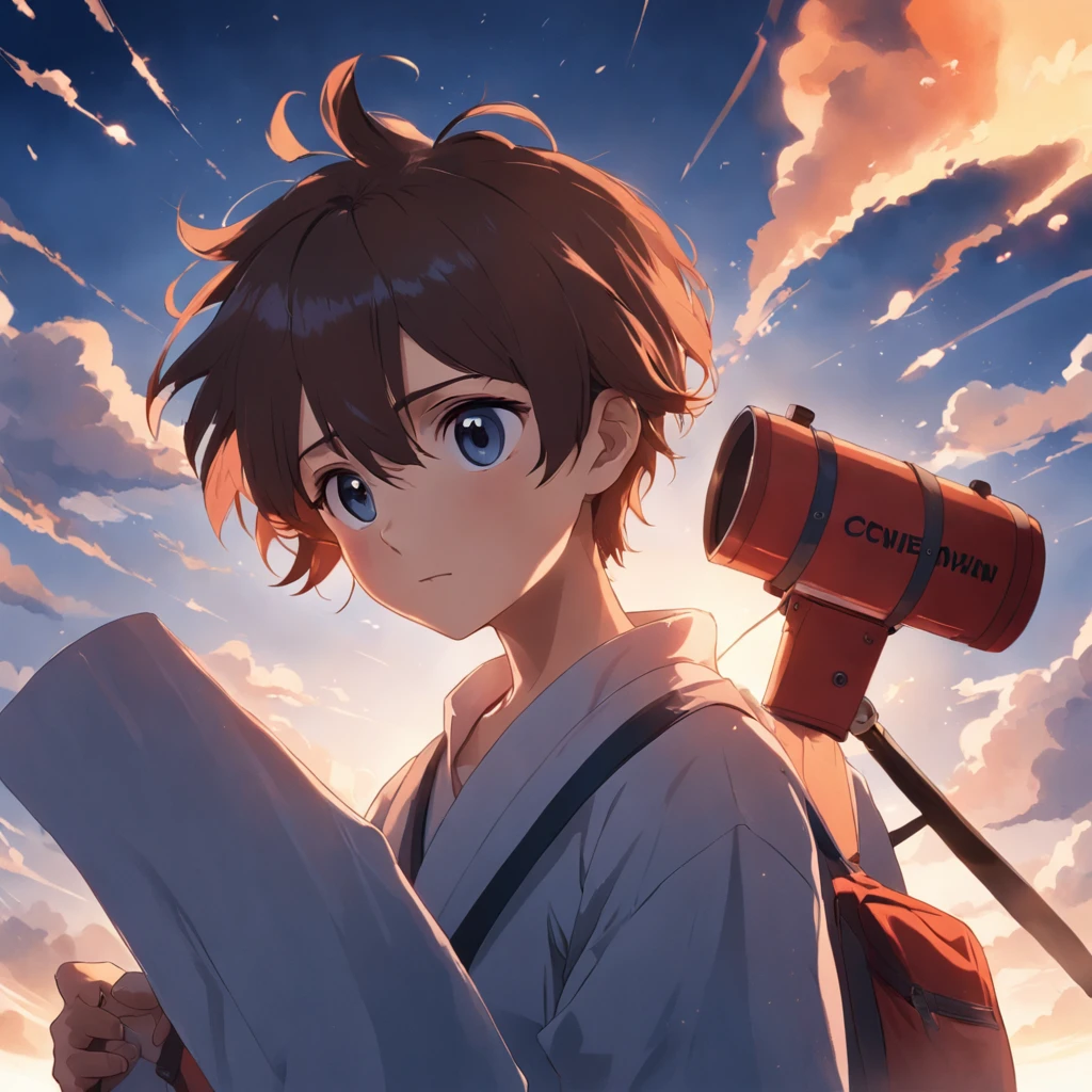 a poster，Above is a student standing with a megaphone, cover illustration, Simple and clean illustration,tmasterpiece，best qualtiy，cinematic Film still from，1boy，closeup cleavage，brightly，cheerfulness，Warm and soft sky，in the early morning
