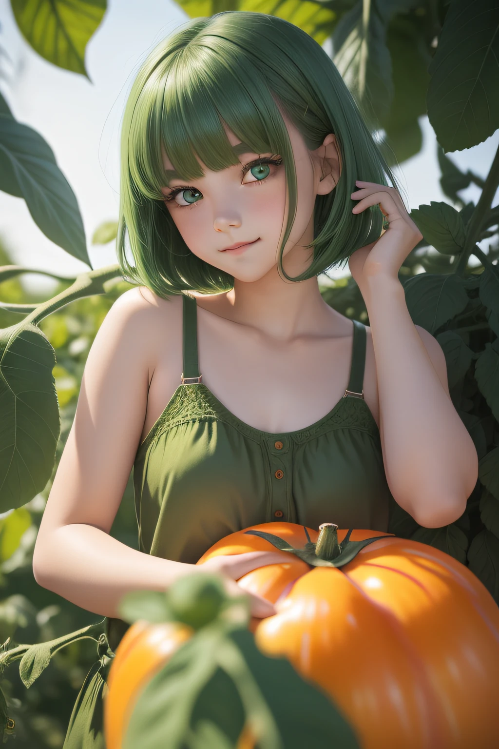 1 girl, shorth hair, Cute 17 years old、bright expression、Very beautiful face, Beautiful green eyes, dazzling green hair、Eyebrows behind bangs, Bright pupils, nffsw, nffsw, textured white skin, high details, Best Quality, 4K, hight resolution、Tomato costume