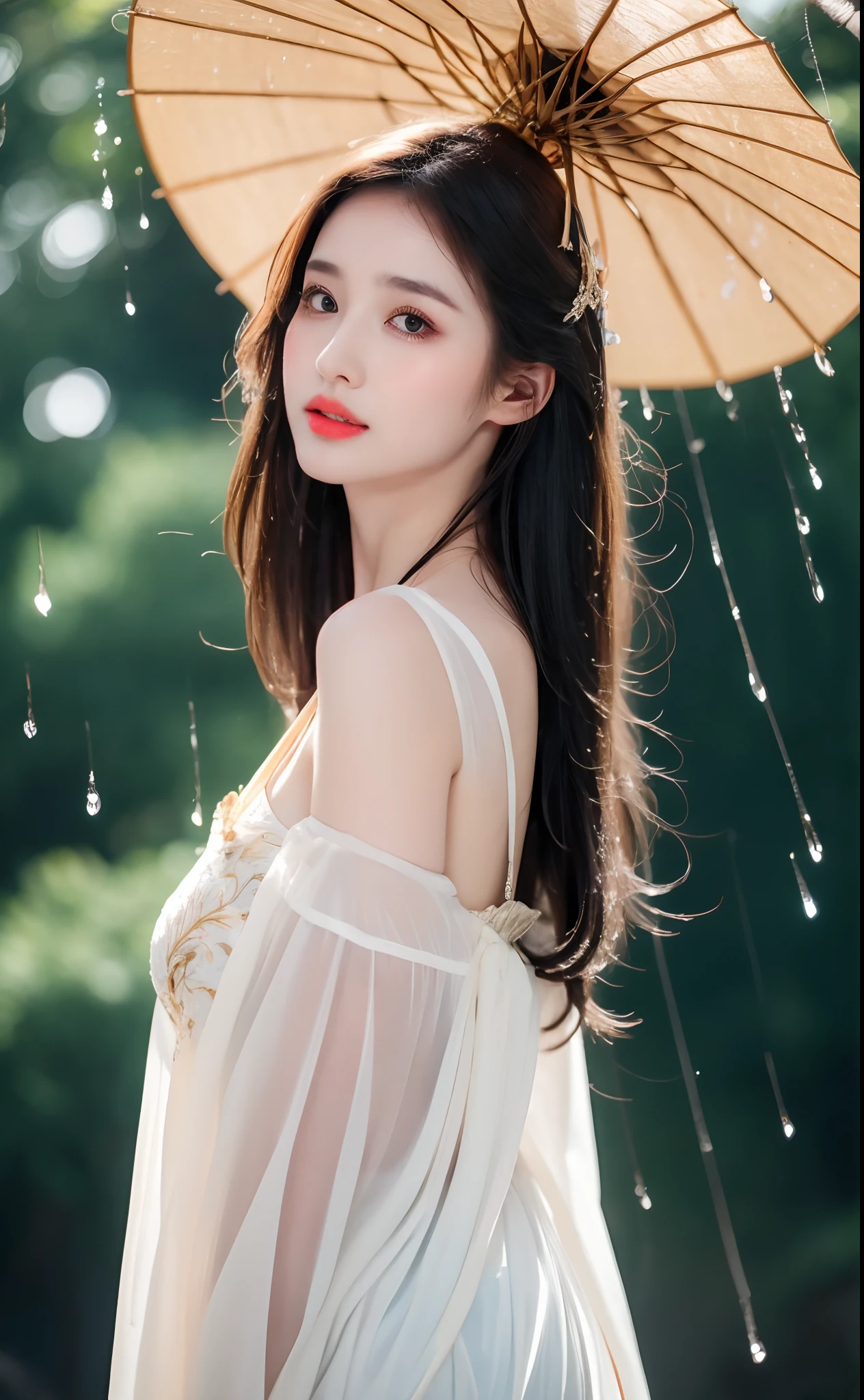 ((Best Quality, 8k, Masterpiece: 1.3)), Focus: 1.2, Perfect Body Beauty: 1.4, Buttocks: 1.2, ((Layered Haircut)), (Wet Clothes: 1.1), (Rain, Street:1.3), (Breasts: 1.2), (Hanfu: 1.2), Bare Shoulders, Bare Legs, Highly Detailed Face and Skin Texture, Fine Eyes, Double Eyelids, Whitened Skin, Long Hair, (Shut Up: 1.5), (Bokeh Background: 1.5), Big Breasts