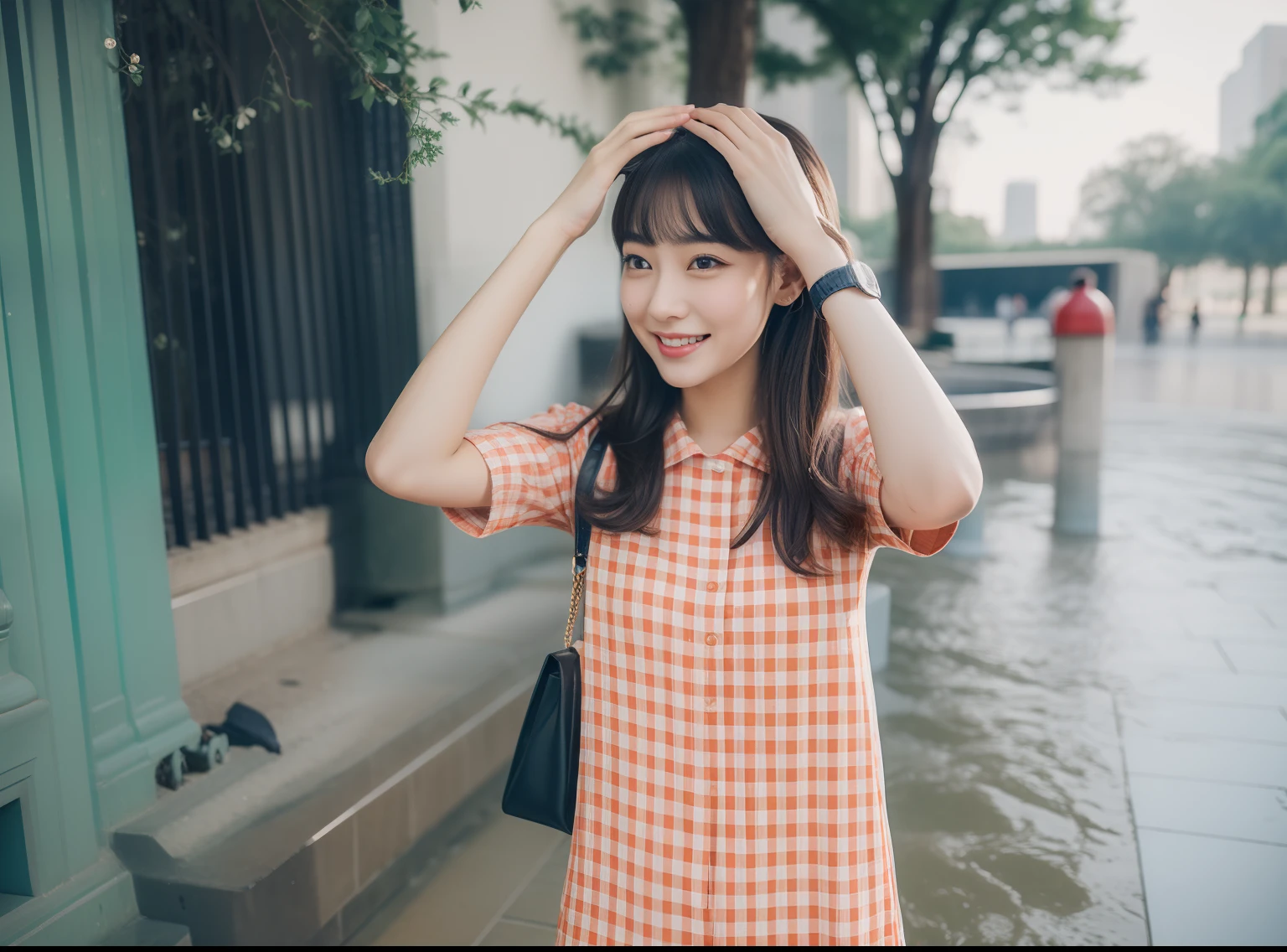 ((best quality, 8K, masterpiece: 1.3)), beautiful girl, pure, melon face, kind and cute, sweet smile, pure desire, slender body, (front), (tilted head), ((looking at camera) ), wearing a navy blue very short dress, black silky midium hair, long flowing shoulders, round black big eyes, clear big eyes, moist red lips, sweet, standing on front of the fountain, park background , ((((whole body)))),