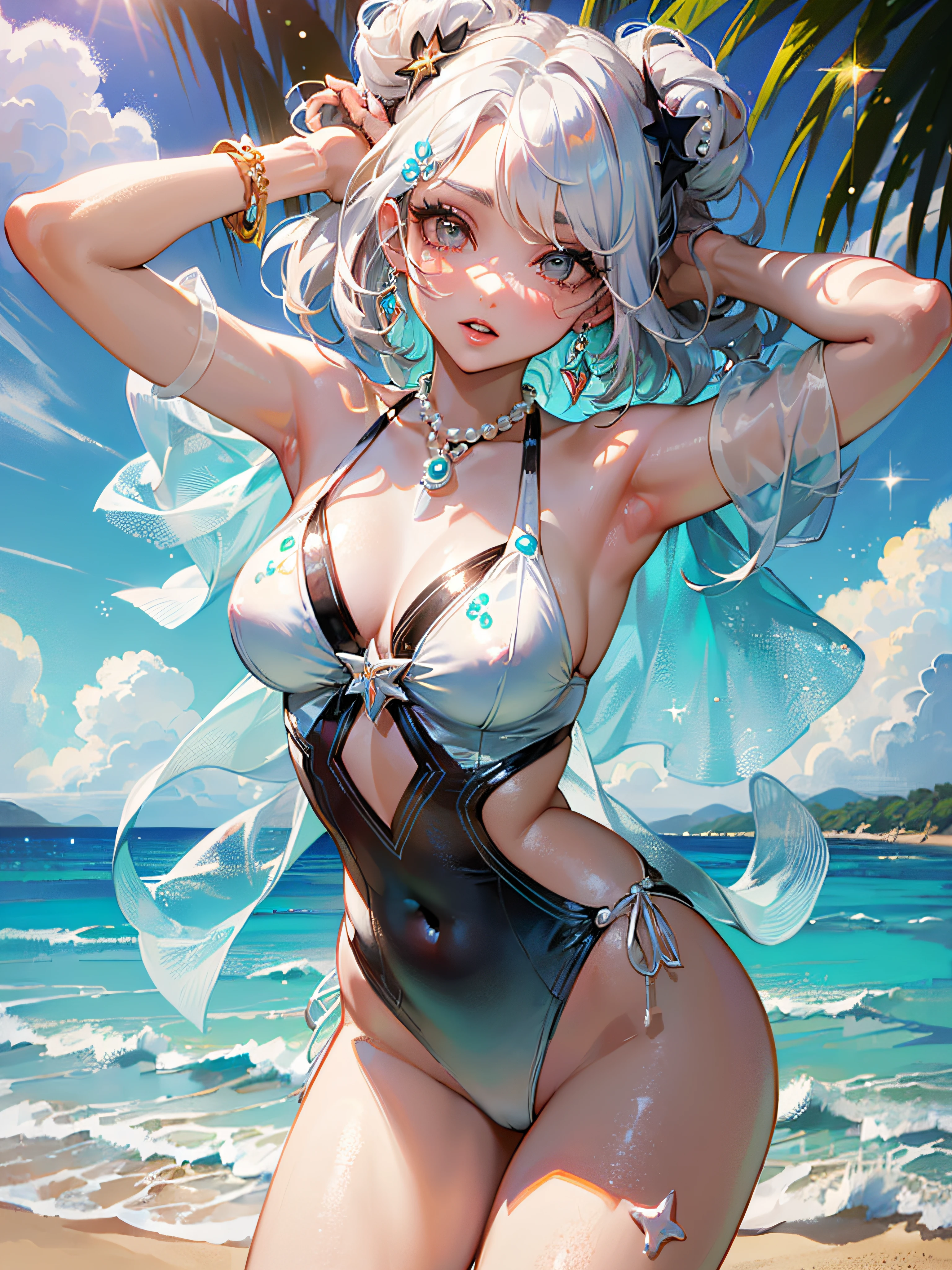 (Best Quality:1.3),4K,8K,8K Portrait,16K,(masterpiece:1.2),1girl in,Solo,(maximalism:1.5),pearls,ultra-detailliert,absurderes, ,(extremely detailed beautiful face and eyes:1.3),
(extremely detailed beautiful hair:1.3),delicate composition, (full body:1.6),cowboy shot,(sunlight, shore, beach background:1.3),
Super cute girl,(Medium Hair:1.8),(Braids:1.2),(White eyes:1.5),White hair,(is wearing Pearl-color monokini :1.6),(Jewelry Hair Ornaments:1.3),
(jewelry eyes:1.3),(Eyelashes:1.2),(symbol in eyes:1.3),(hight resolution, Twinkle,Glitter,Lens Flare,light Particle,Shining:1.3),(Lori:1.5),(cute:1.5),looking at viewer,