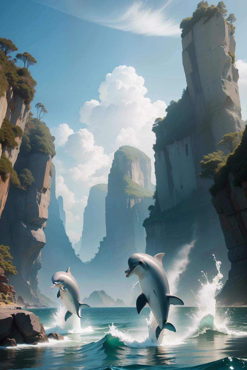 Playful dolphins on the mysterious island