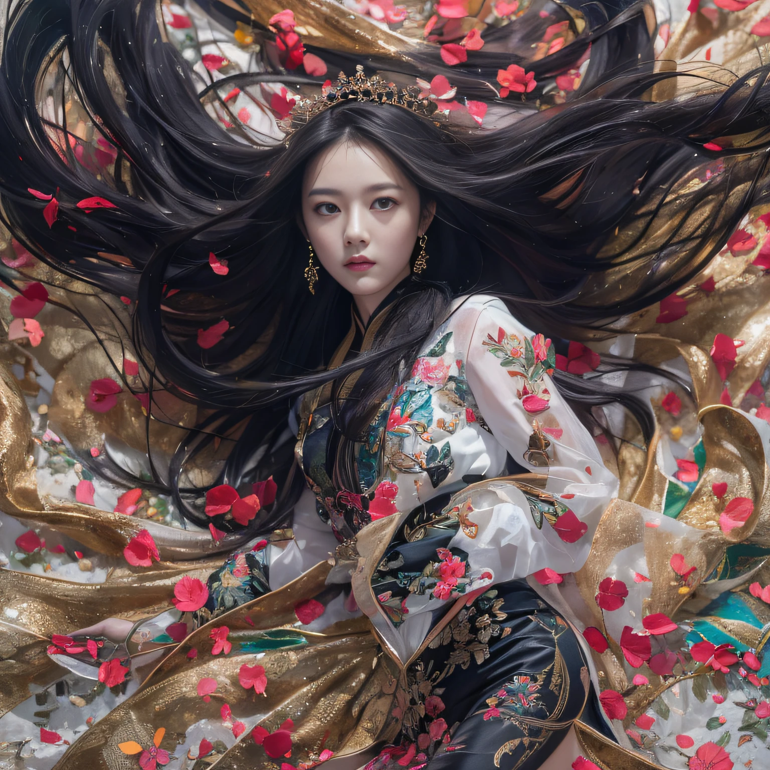 32K（tmasterpiece，k hd，hyper HD，32K）Long flowing black hair，ponds，zydink， a color，  Asian people （Silly girl）， （Silk scarf）， Combat posture， looking at the ground， long whitr hair， Floating hair， Carp pattern headdress， Chinese long-sleeved clothing， （abstract ink splash：1.2）， Pink petal background，Tulips flying（realisticlying：1.4），Black color hair，Fallen leaves flutter，The background is pure， A high resolution， the detail， RAW photogr， Sharp Re， Nikon D850 Film Stock Photo by Jefferies Lee 4 Kodak Portra 400 Camera F1.6 shots, Rich colors, ultra-realistic vivid textures, Dramatic lighting, Unreal Engine Art Station Trend, cinestir 800，Long flowing black hair