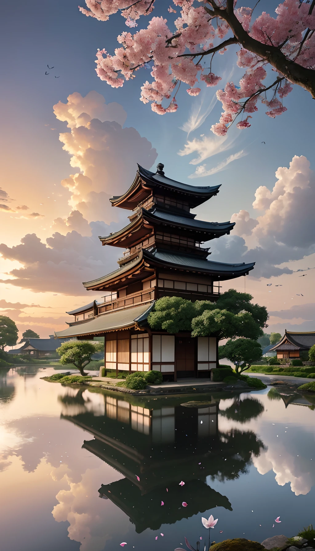 Huge tree，florals，rios，Huge watermill , [(White background:1.5)::5], Medium Shot Shot, butterflys,Petals floating in water,steins,Cloud,setting sun,Dusk,House under the tree，Japanese-style architecture