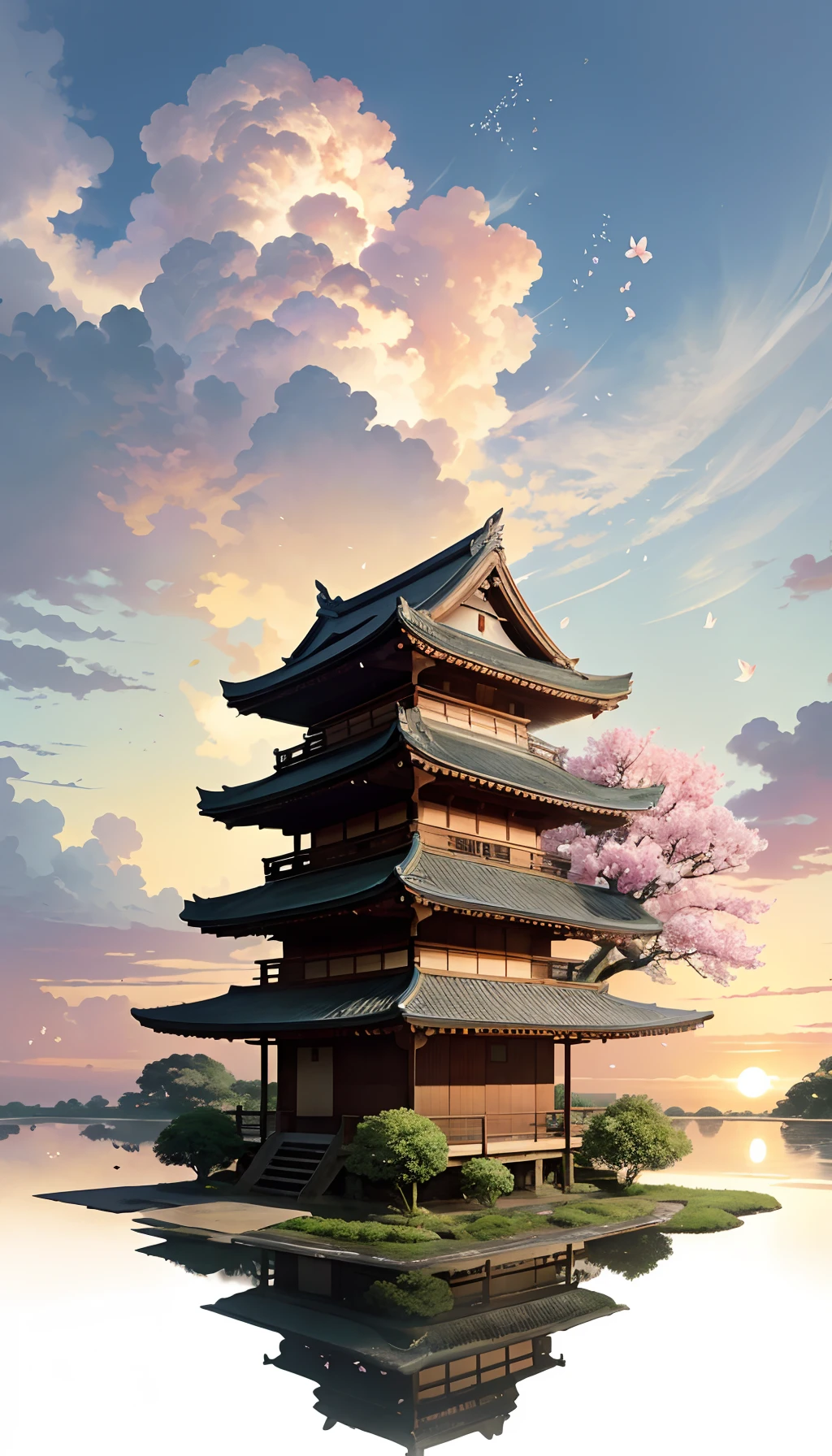 Huge tree，florals，rios，Huge watermill , [(White background:1.5)::5], Medium Shot Shot, butterflys,Petals floating in water,steins,Cloud,setting sun,Dusk,House under the tree，Japanese-style architecture