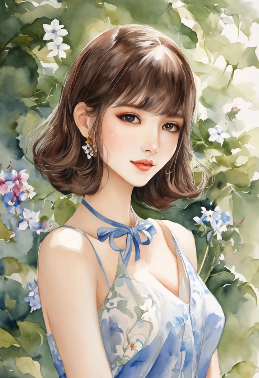 Arab asian woman with short brown hair and blue dress, With short hair, 奈良美智, chiho, sakimichan, sakimichan, kiko mizuhara, Ayaka, Chiho Aoshima, girl cute-fine-face, with short hair with bangs, sayori, Choi Hong Hwa