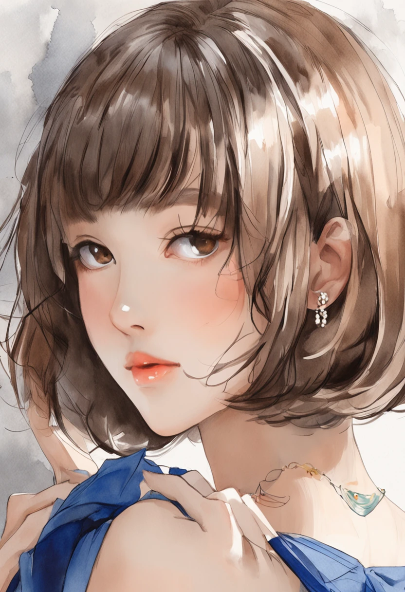 Arab asian woman with short brown hair and blue dress, With short hair, 奈良美智, chiho, sakimichan, sakimichan, kiko mizuhara, Ayaka, Chiho Aoshima, girl cute-fine-face, with short hair with bangs, sayori, Choi Hong Hwa