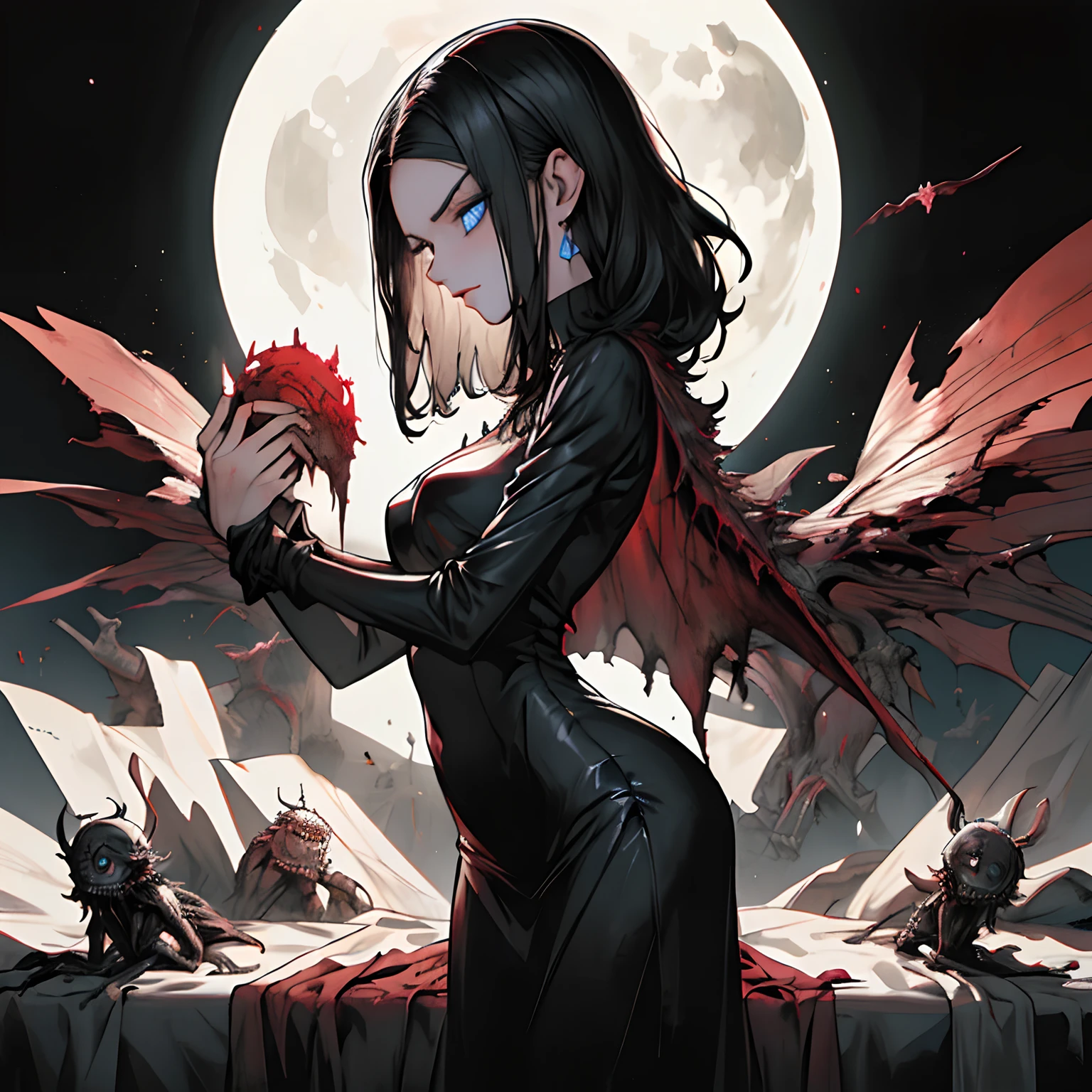 (masterpiece, best quality), 1lady, solo, (gothic), dream catcher, vampire, short black hair, loose waves, blue eyes, ,cute, (hg giger, art by hermann nitsch, zdzislaw beksinski, dariusz zawadzki, giger, Zdzislaw Beksinski), bed, candles, cross, skinny body, moon light, black shirt, night,