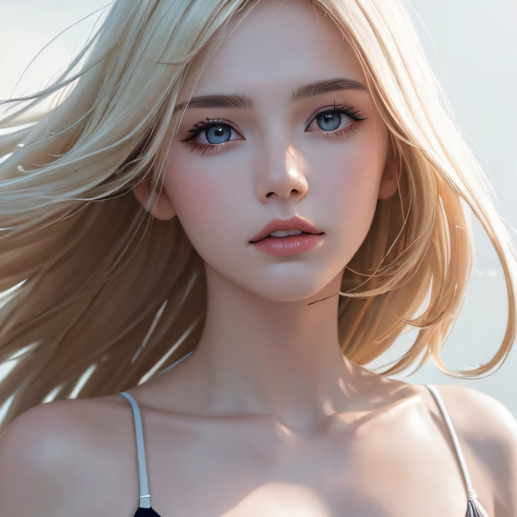 (8K, RAW Photos, of the highest quality, Masterpieces: 1.2), (Realistic, Photorealistic: 1.37), Highest Quality, Ultra High Resolution, light  leaks, Dynamic lighting, Slim and smooth skin, (Full body:1.3), (Soft Saturation: 1.6), (Fair skin: 1.2), (Glossy skin: 1.1), Oiled skin, 22 years old, Night, shiny white blonde, Well-formed, Hair fluttering in the wind, Close-up shot of face only, Physically Based Rendering, From multiple angles, The bikini