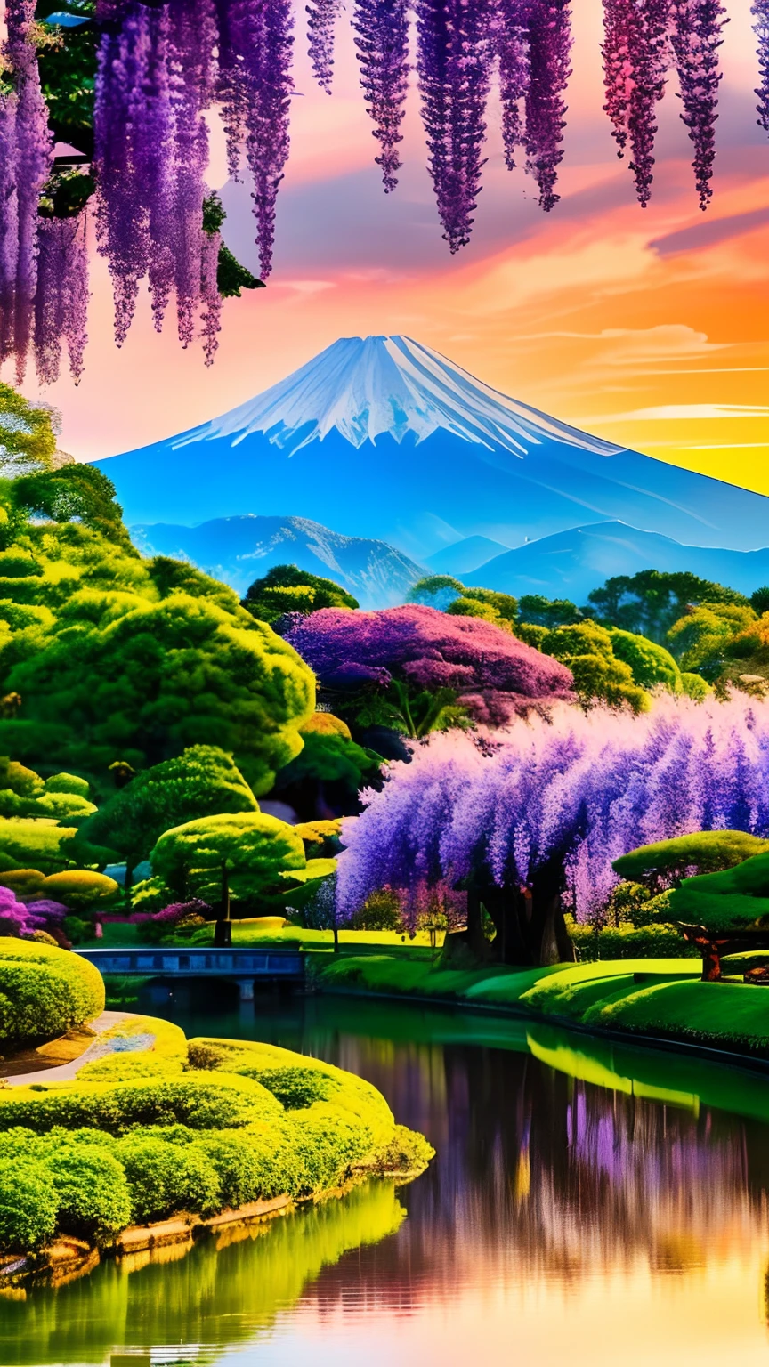 mdjrny-pprct, japanese architecture, Sakura, wisteria, Flower Garden, mountains and rivers, Clouds (high detial: 1.2)、the setting sun、Evening glow、morning glow