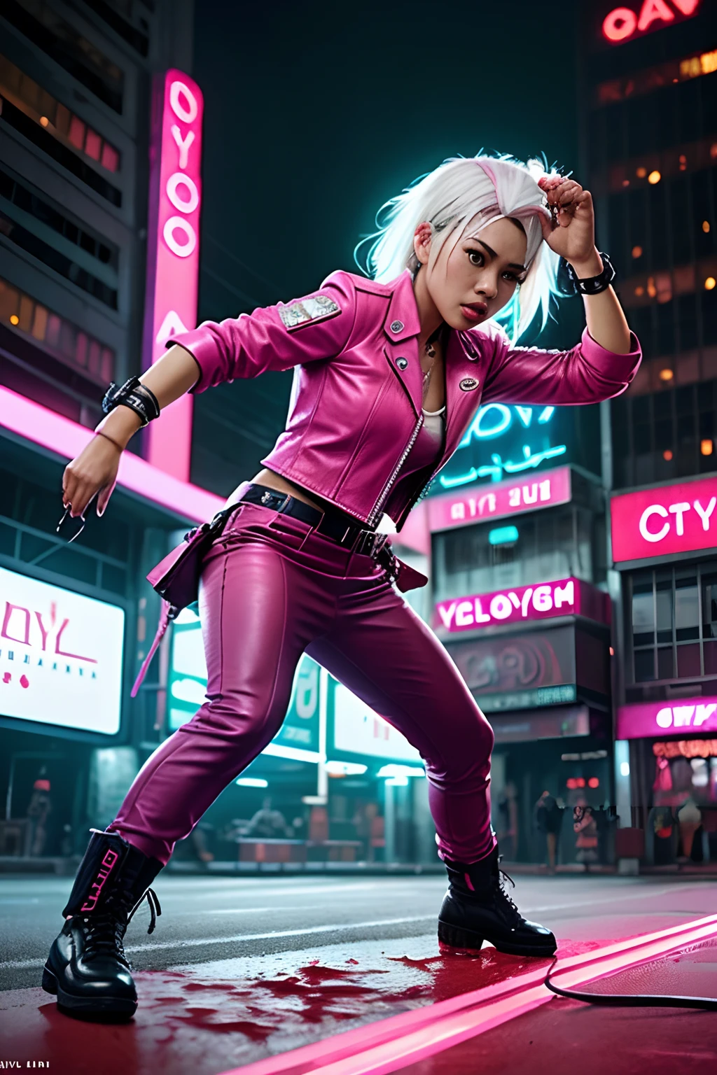 (full body:1.3) photo of crazy malay woman (psycho girl:1.5) (fighting action pose:1.5) wearing (pink leather:1.3), (bloody:1.5), (white hair:1.2) sexy, big eyes, green eyes, urban futuristic look, (neon lights:1.3), night, fast motion, reflections, intricate detail, nostalgia, high boots, by Ed Binkley, Atey Ghailan, by Jeremy Mann, Gregory Manchess, Antonio Moro, trending on ArtStation, trending on CGSociety, Intricate, High Detail, Sharp focus, dramatic, photograph by greg rutkowski