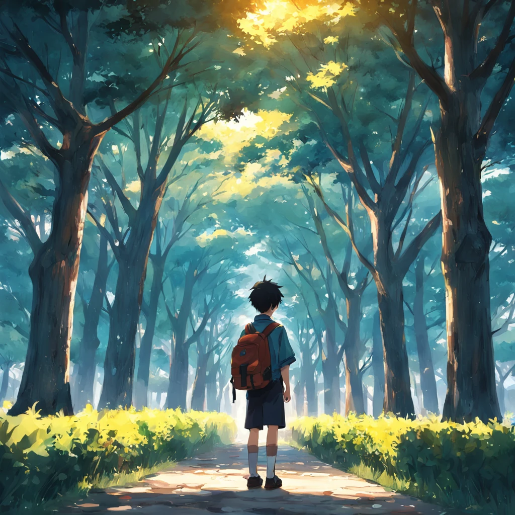 tmasterpiece,Need,1boy,malefocus,cool guy,Community,zaun,Spindle tree,afternoon sunshine,On the way from school,校服,backpacks,Flock of Birds,frontage,depth of fields,shoun