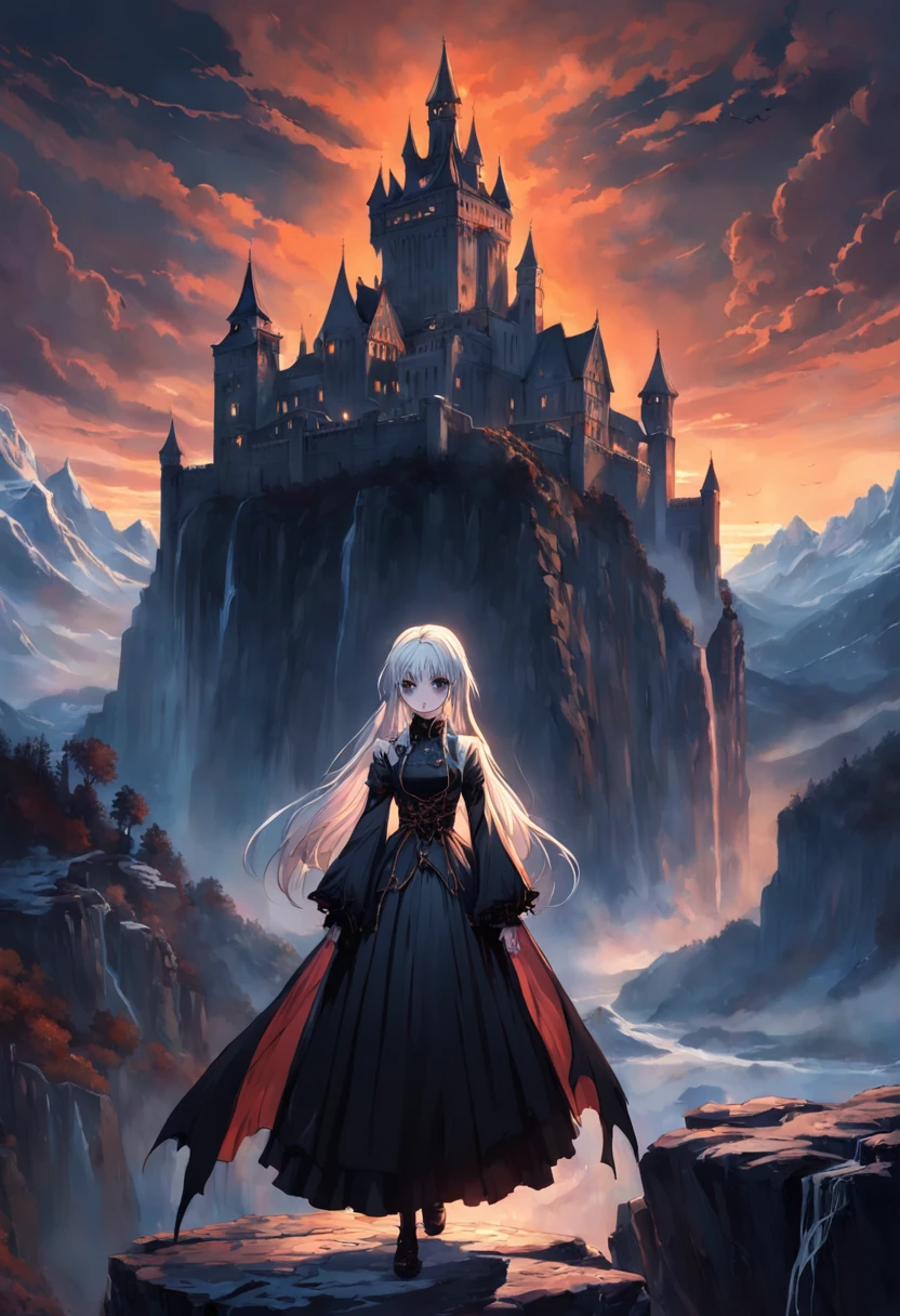 In the European Middle Ages, distant peaks towered into the clouds, waterfalls fell and covered with snow, the vampire lady stood on the edge of the cliff with a scepter, the palace behind her was resplendent, the huge sunset hung in the sky shining on the queen's face, grand scene, Gothic style, retro, realism, cinematic, dark style