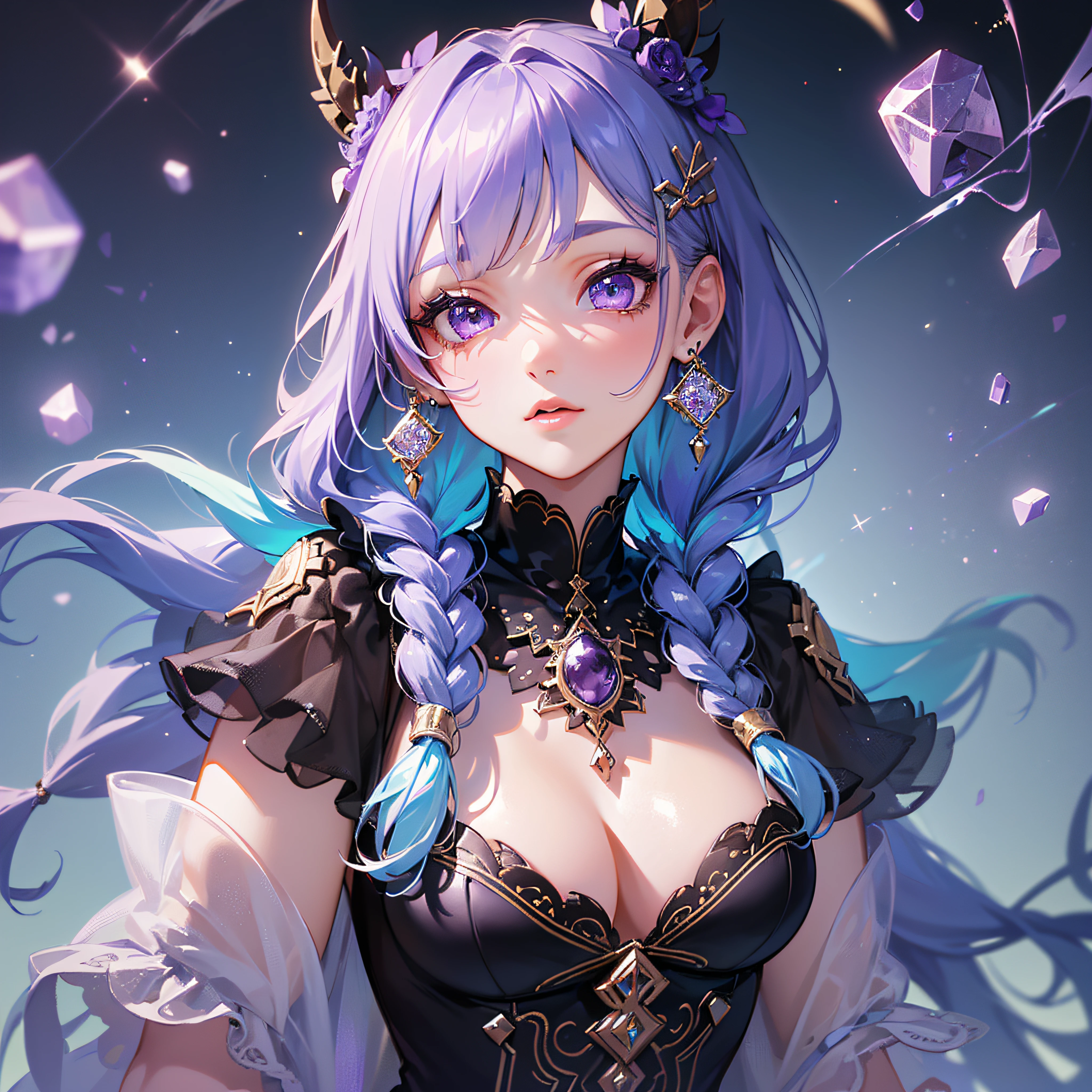 (Best Quality:1.3),4K,8K,8K Portrait,16K,(masterpiece:1.2),1girl in,Solo,(maximalism:1.5),amethyst,ultra-detailliert,absurderes, ,(extremely detailed beautiful face and eyes:1.3),
(extremely detailed beautiful hair:1.3),delicate composition, (upper body:1.2),
Best Quality,masutepiece,1girl in,Solo,amethyst,(maximalism:1.5),ultra-detailliert,absurderes,
Super cute girl,(low twin braids:1.2),Purple eyes,Purple hair,(is wearing extremely detailed dress:1.3),(Jewelry Hair Ornaments:1.3),
(jewelry eyes:1.3),(Eyelashes:1.2),(symbol in eyes:1.3),(hight resolution, Twinkle,Glitter,Lens Flare,light Particle,Shining:1.3),(Lori:1.5),(cute:1.5),
