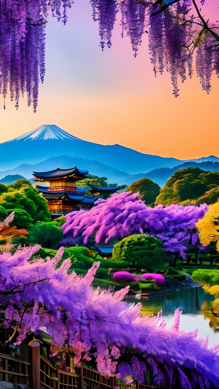 mdjrny-pprct, japanese architecture, Sakura, wisteria, Flower Garden, mountains and rivers, Clouds (high detial: 1.2)、the setting sun、Evening glow、morning glow