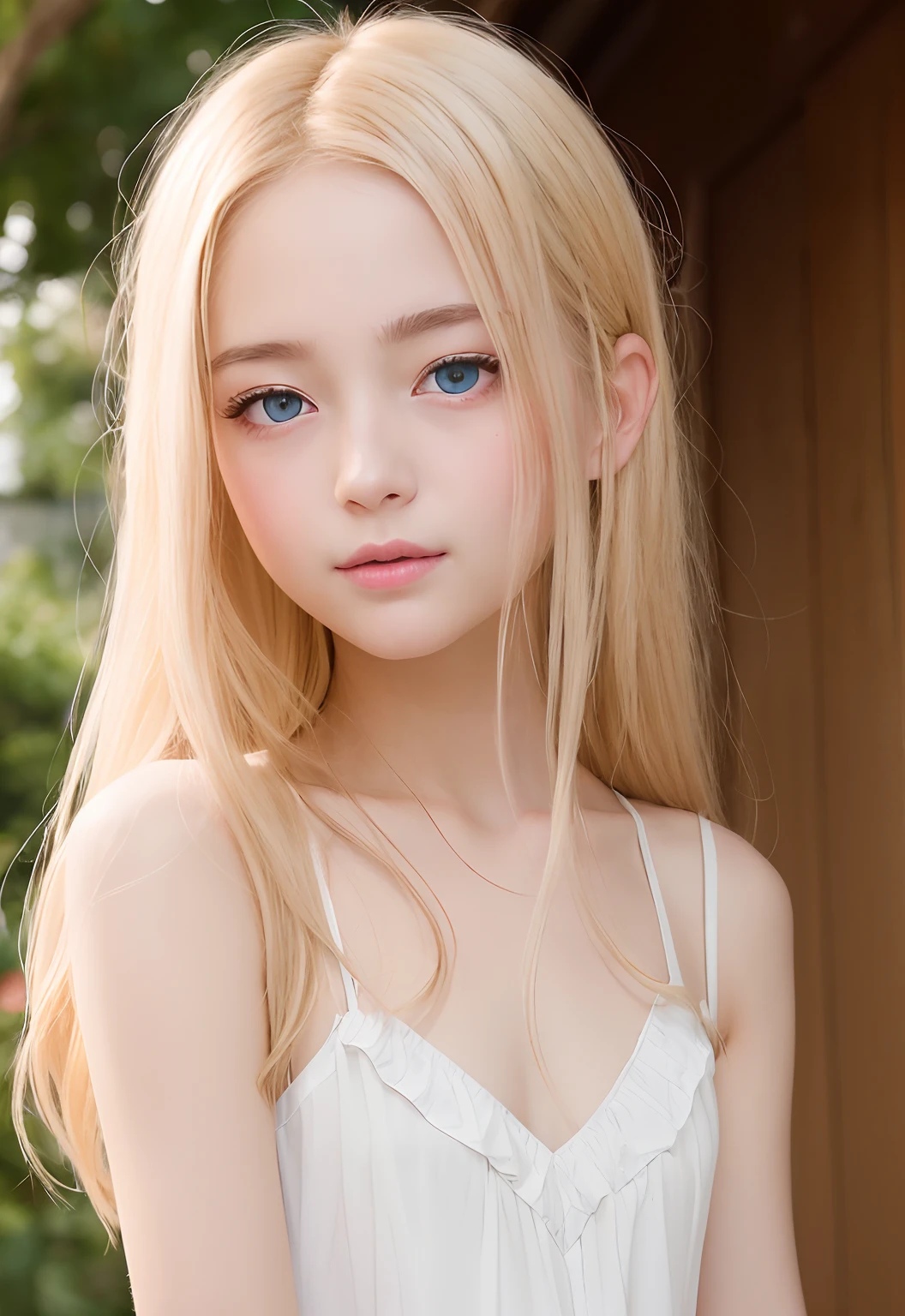 RAW Photography、(((Portrait of extreme beauty)))、((Glowing white skin))、女の子1人、18-year-old pretty beautiful girl in Prague、((Lustrous light natural blonde hair))、[blue eyess]、silky fine hair、stright long hair、eye liner、bangss、Hair between the eyes、Fluttering hair、A slight smil、((​masterpiece、top-quality、ultra-detailliert、Film Light、intricate-detail、hight resolution、8k、ighly detailed))、细致背景、8k uhd、Digital SLR、Soft Light、hightquality、Film Grain 、Shallow depth of field、natural soft light、（perfect hand）、Perfect beautiful face、Ruffled Clothes