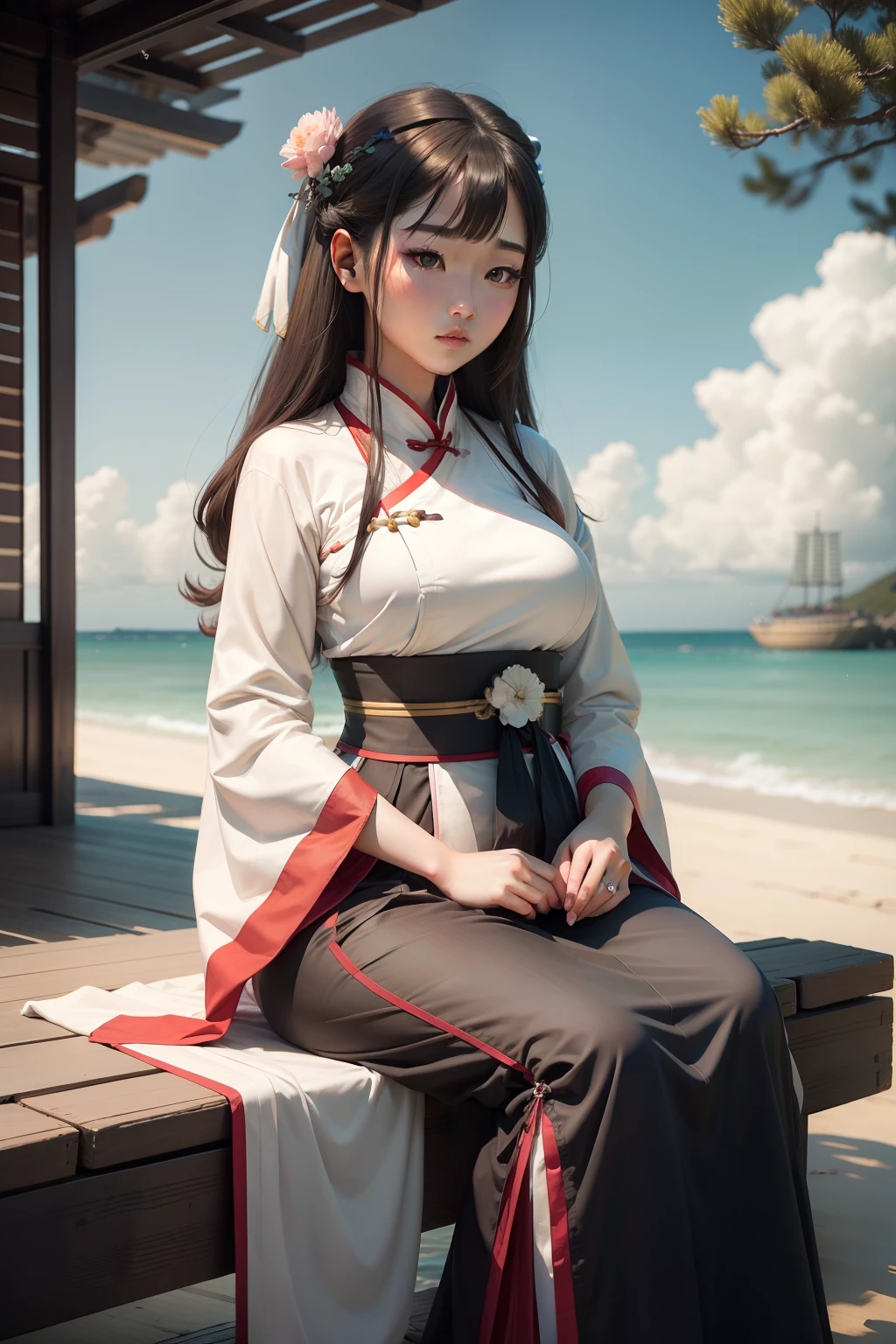 Hanfu big-breasted girl sitting by the sea