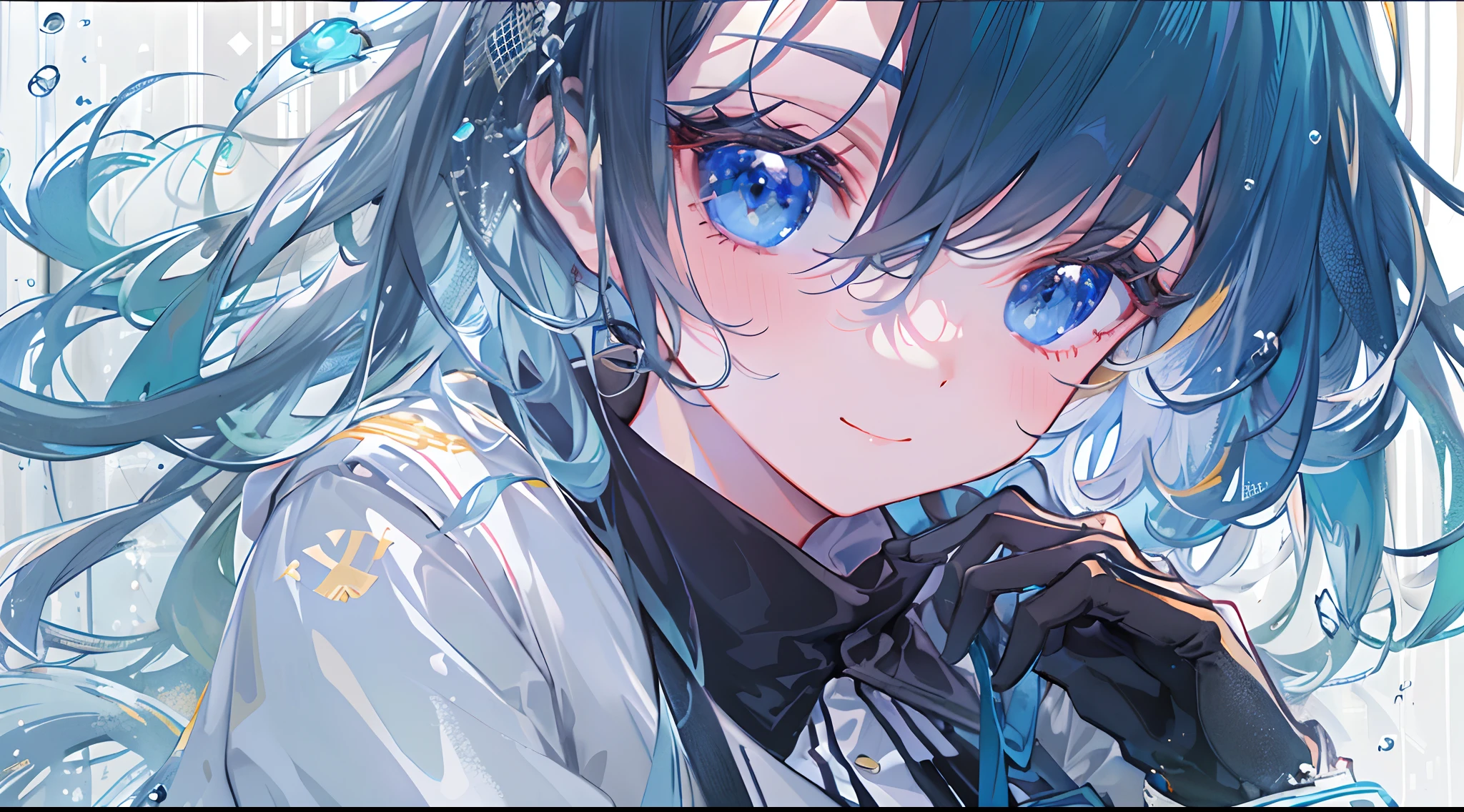 ((top-quality)), ((masterpiece)), ((ultra-detailliert)), (extremely delicate and beautiful), girl with, 独奏, cold attitude,((Black jacket)),She is very(relax)with the(Settled down)Looks,A dark-haired, depth of fields,evil smile,Bubble, under the water, Air bubble,bright light blue eyes,Inner color with light blue hair and dark blue tips,Cold background,Bob Hair - Linear Art, shortpants、knee high socks、White uniform like school uniform、Light blue ribbon ties、Clothes are sheer、Hands in pockets