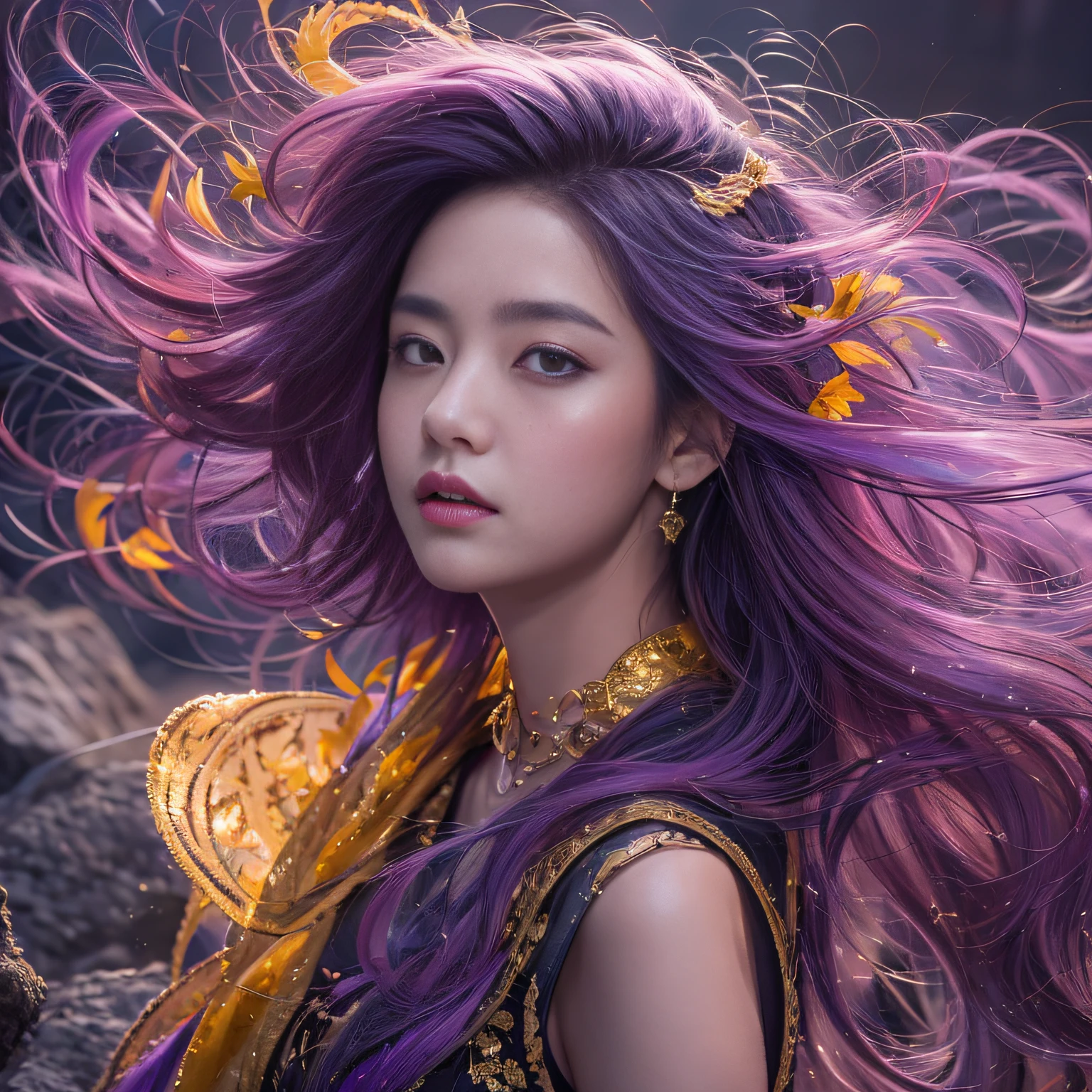 32K（tmasterpiece，k hd，hyper HD，32K）Long flowing bright purple hair，Autumn Pond，zydink， a color，  Asian people （Silly girl）， （Silk scarf）， Combat posture， looking at the ground， long whitr hair， Floating bright purple， Fire cloud pattern gold tiara， Chinese long-sleeved gold silk garment， （abstract ink splash：1.2）， smoky background，Lotus protector（realisticlying：1.4），Bright purple hair，Smoke on the road，The background is pure， A high resolution， the detail， RAW photogr， Sharp Re， Nikon D850 Film Stock Photo by Jefferies Lee 4 Kodak Portra 400 Camera F1.6 shots, Rich colors, ultra-realistic vivid textures, Dramatic lighting, Unreal Engine Art Station Trend, cinestir 800，Long flowing bright purple hair