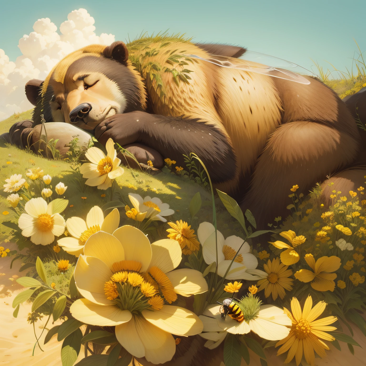 sleeping bear an a grassy mound bee's busing dreaming of honey 24k photorealism in the style of Bev Doolittle