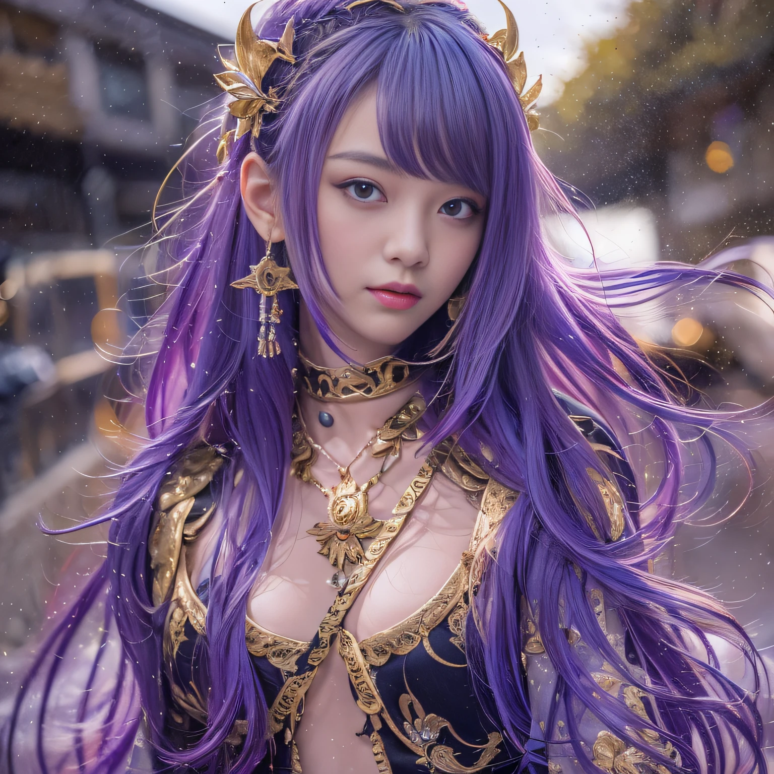 32K（tmasterpiece，k hd，hyper HD，32K）Long flowing bright purple hair，Autumn Pond，zydink， a color，  Asian people （Silly girl）， （Silk scarf）， Combat posture， looking at the ground， long whitr hair， Floating bright purple， Fire cloud pattern gold tiara， Chinese long-sleeved gold silk garment， （abstract ink splash：1.2）， smoky background，Lotus protector（realisticlying：1.4），Bright purple hair，Smoke on the road，The background is pure， A high resolution， the detail， RAW photogr， Sharp Re， Nikon D850 Film Stock Photo by Jefferies Lee 4 Kodak Portra 400 Camera F1.6 shots, Rich colors, ultra-realistic vivid textures, Dramatic lighting, Unreal Engine Art Station Trend, cinestir 800，Long flowing bright purple hair