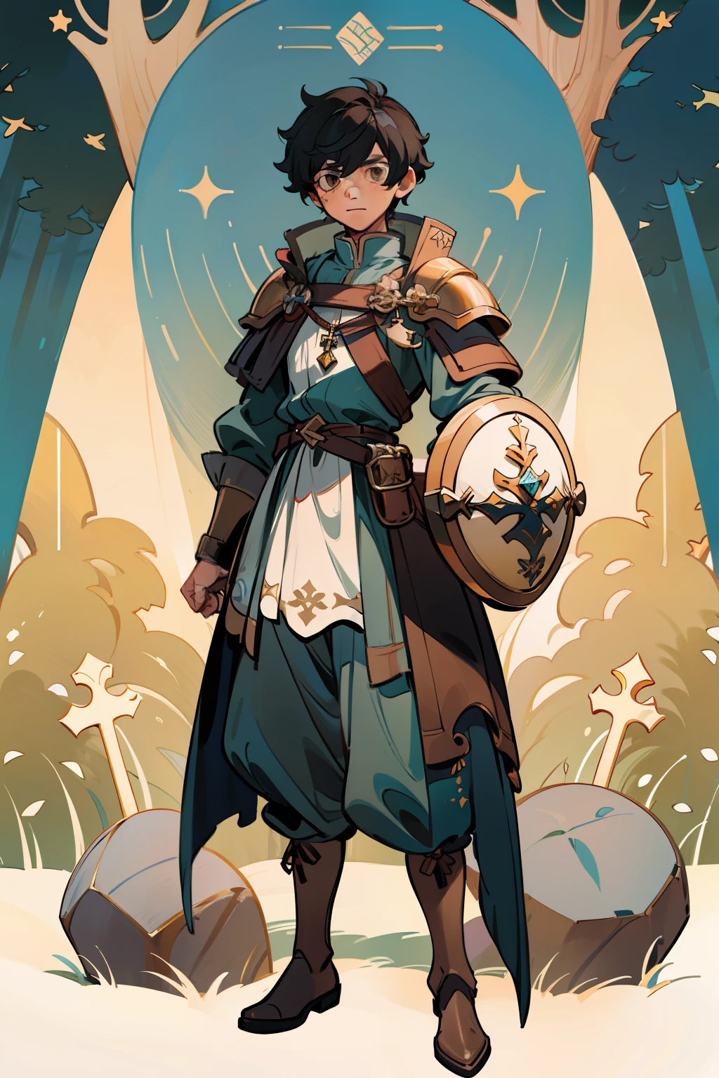 ((Obra maestra - Ilustraciones - Detallado - Mejor calidad)) - Anime style - Genshin impact style - 1 male - full body - male - black hair - brown eyes - cleric - medieval mace - hand - large shield - arm - white tunic - blue clothing - plate armor - boots - golden ornaments - forest - standing - stone path - fence - stone - broken
