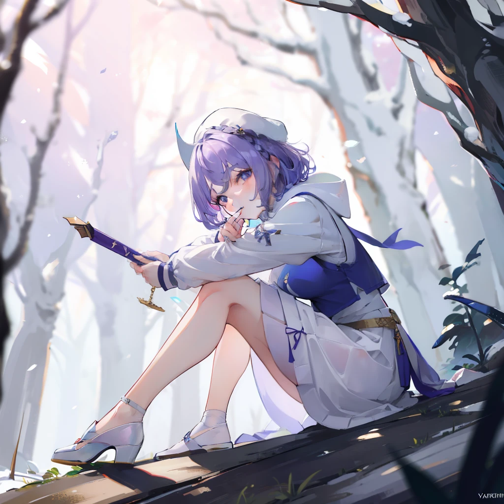 masterpiece, fine detail, 4k, 8k, 12k, solo, solo, beautiful girl, caucasian female, Letty White Rock, purple hair, short hair, pretty face, gym sitting, pretty face, detailed background, in the woods, winter