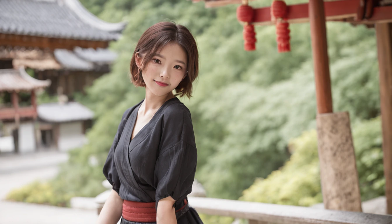 Girl turned around, clothing sample, cute, smiling, colored contacts in the eyes, accessories, full body, walking, summer, kyoto, kinkakuji