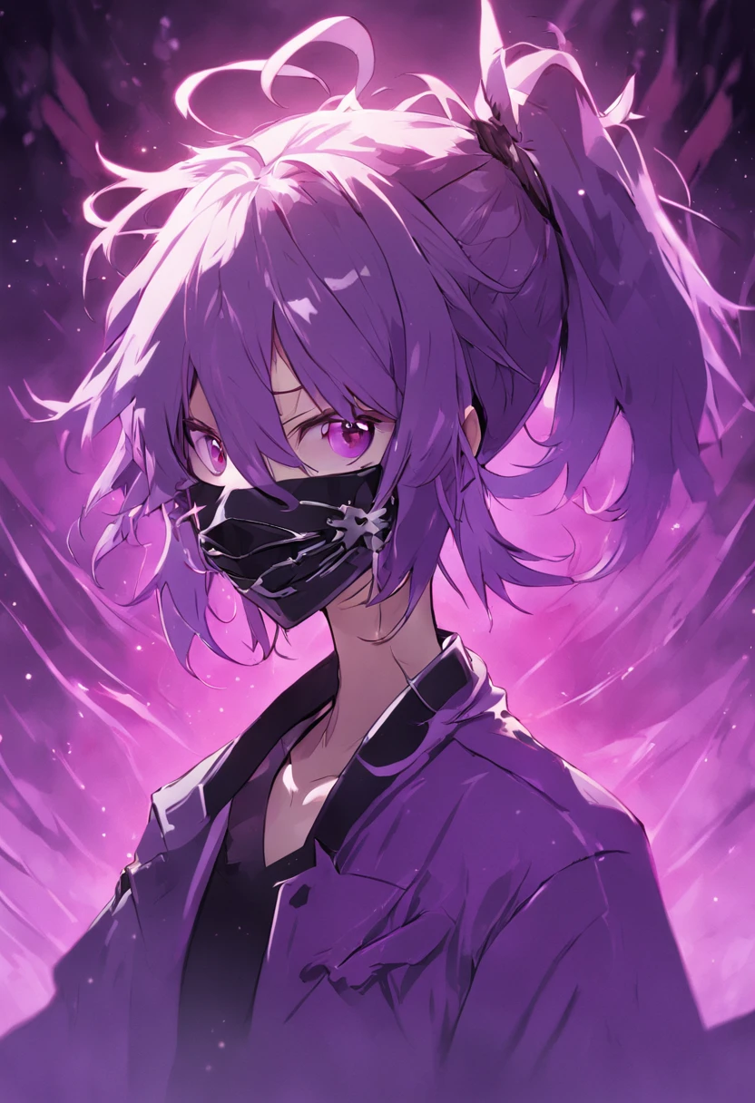 anime character with purple hair and a black mask with a purple and black background, discord profile picture, profile picture 1024px, art cover, ((oversaturated)), by Kanbun Master, digital art from danganronpa, tumblr, r - mk, symmetrical portrait rpg avatar, official artwork hdr, fvckrender