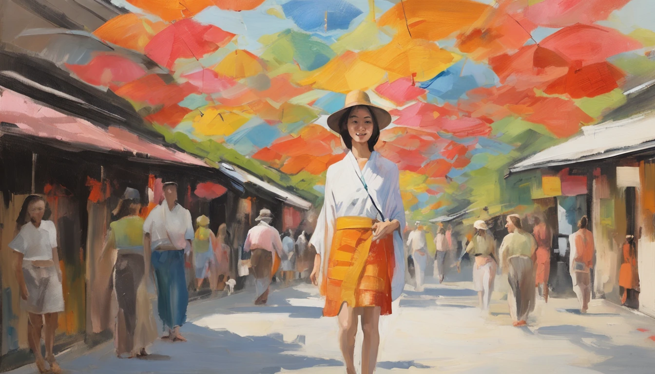 Girl turned around, clothing sample, cute, smiling, colored contacts in the eyes, accessories, full body, walking, summer, kyoto, kinkakuji
