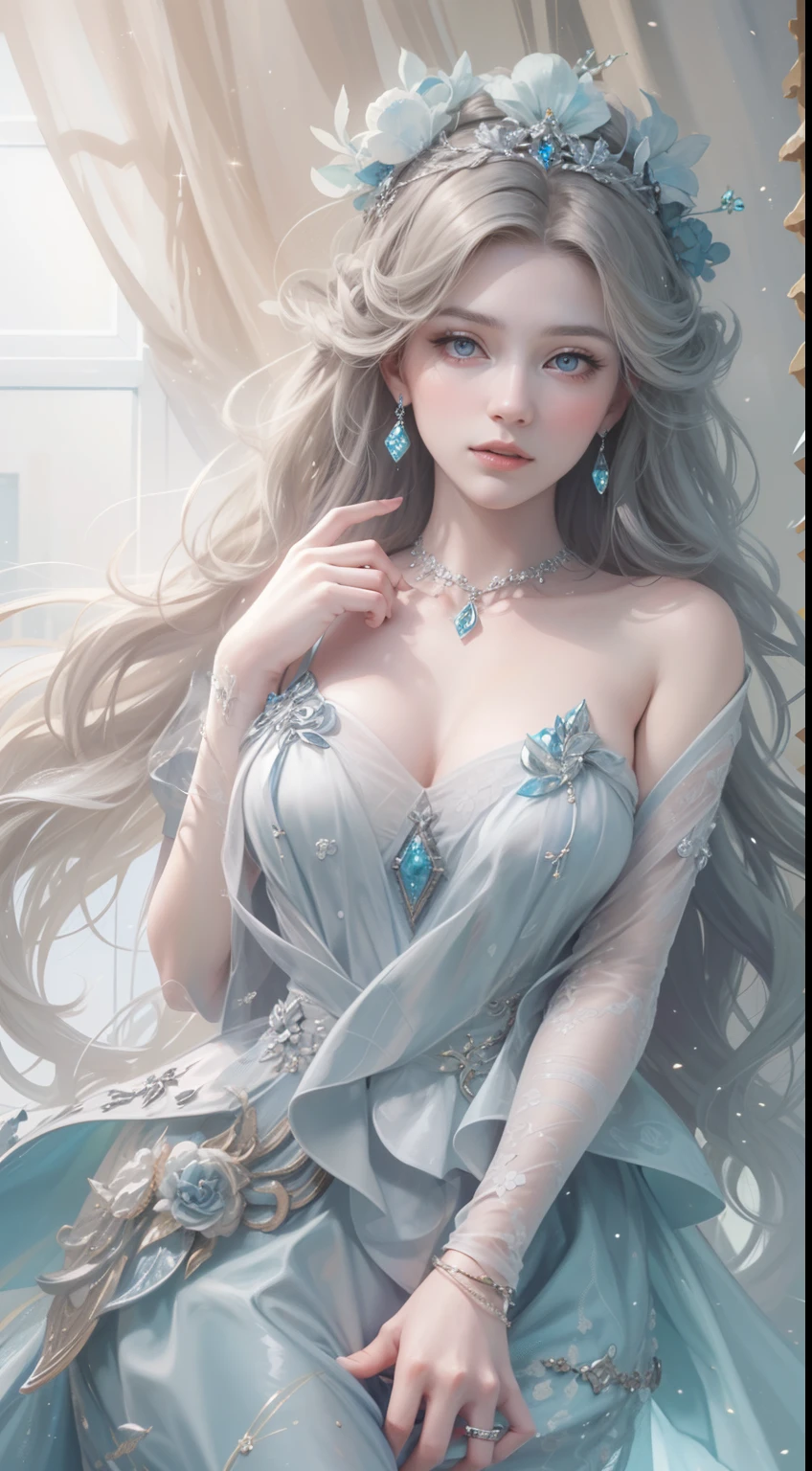 tmasterpiece, Highest high resolution,High-quality content, 8K quality photos with excellent detail, Perfect for a dynamic bust of 1 noble girl, Do not appear on the hands,Delicate curves, Bend hair to create gorgeous and intricate fabric textures, grey blue eyes, Delicate floral decoration, Sparkling crystal jewelry, Highly focused and subtle details。