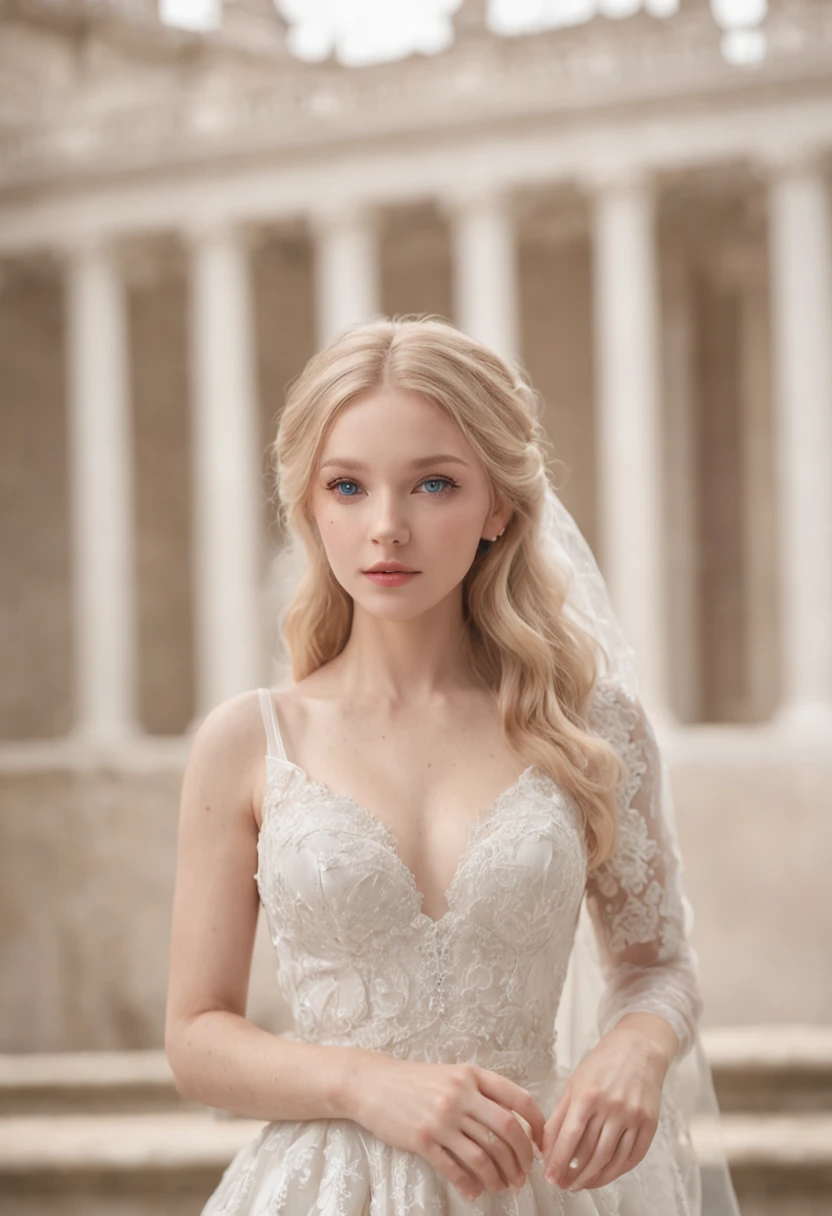 1 beautiful girl, full body, standing photo, white wedding dress, soft dress, stand in front of a palace building, blond hair, blue eyes, wavy hair, masterpiece, diffuse soft film lighting, portrait, best quality (perfect face:1.4), ultra-realistic highly detailed intricate realistic simulation style photo sharply focused on eyes, cinematic lighting, studio shot, gorgeous pose