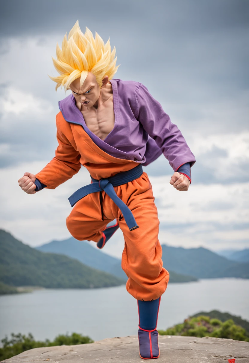 1 monkey, Goku, flying, cloud, staff, martial arts, powerful, muscular, spiky hair, orange gi, weighted training clothes, Saiyan, Super Saiyan, energy blast, strong, determined, fighting, training, martial arts tournament, dragon balls, flying nimbus, Kamehameha wave, dragon radar, Dragon Ball Z, anime, action, adventure, epic battles, transformation, friendship, loyalty.