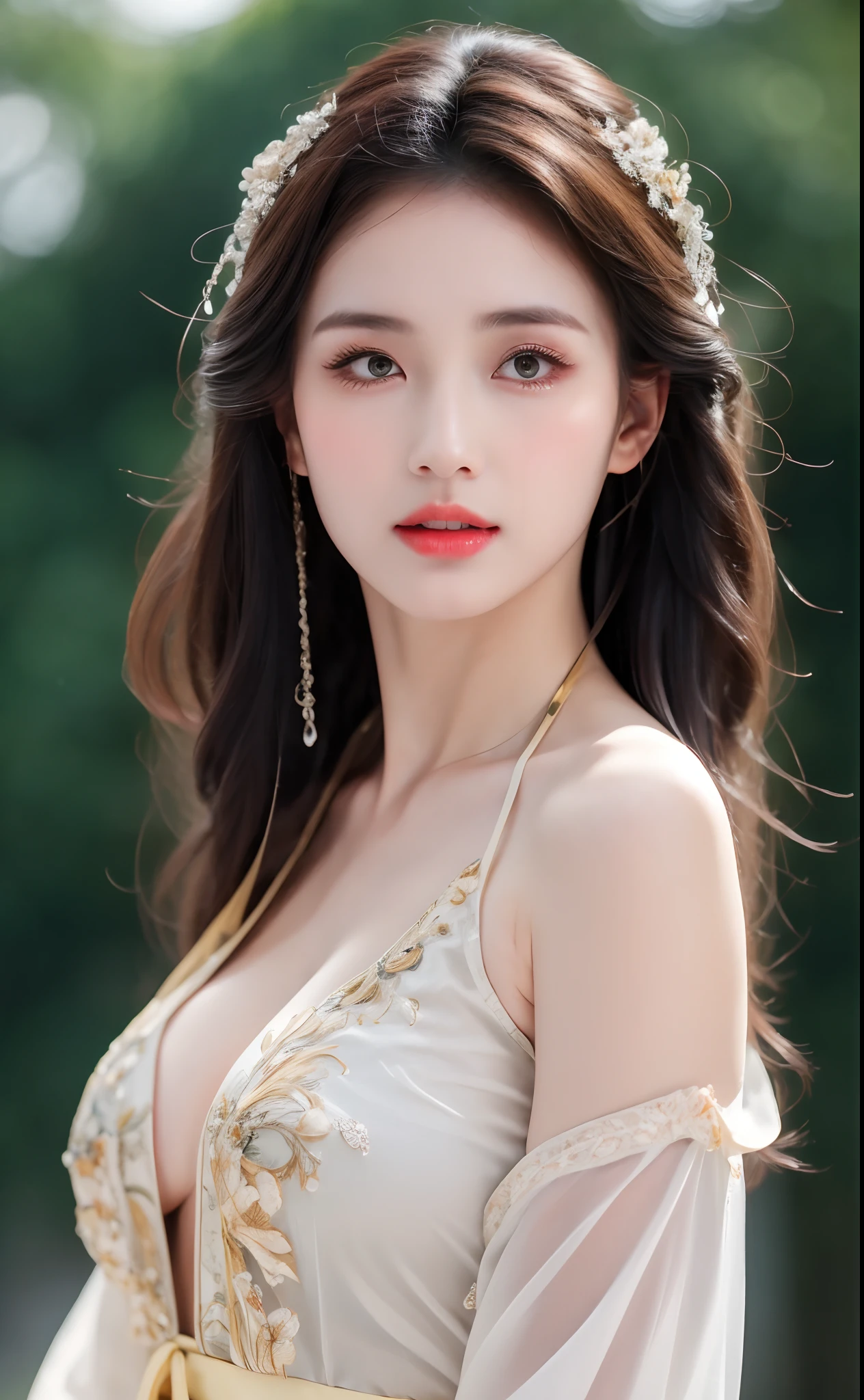 ((Best Quality, 8k, Masterpiece: 1.3)), Focus: 1.2, Perfect Body Beauty: 1.4, Buttocks: 1.2, ((Layered Haircut)), (Wet Clothes: 1.1), (Rain, Street:1.3), (Breasts: 1.2), (Hanfu: 1.2), Bare Shoulders, Bare Legs, Highly Detailed Face and Skin Texture, Fine Eyes, Double Eyelids, Whitened Skin, Long Hair, (Shut Up: 1.5), (Bokeh Background: 1.5), Big Breasts