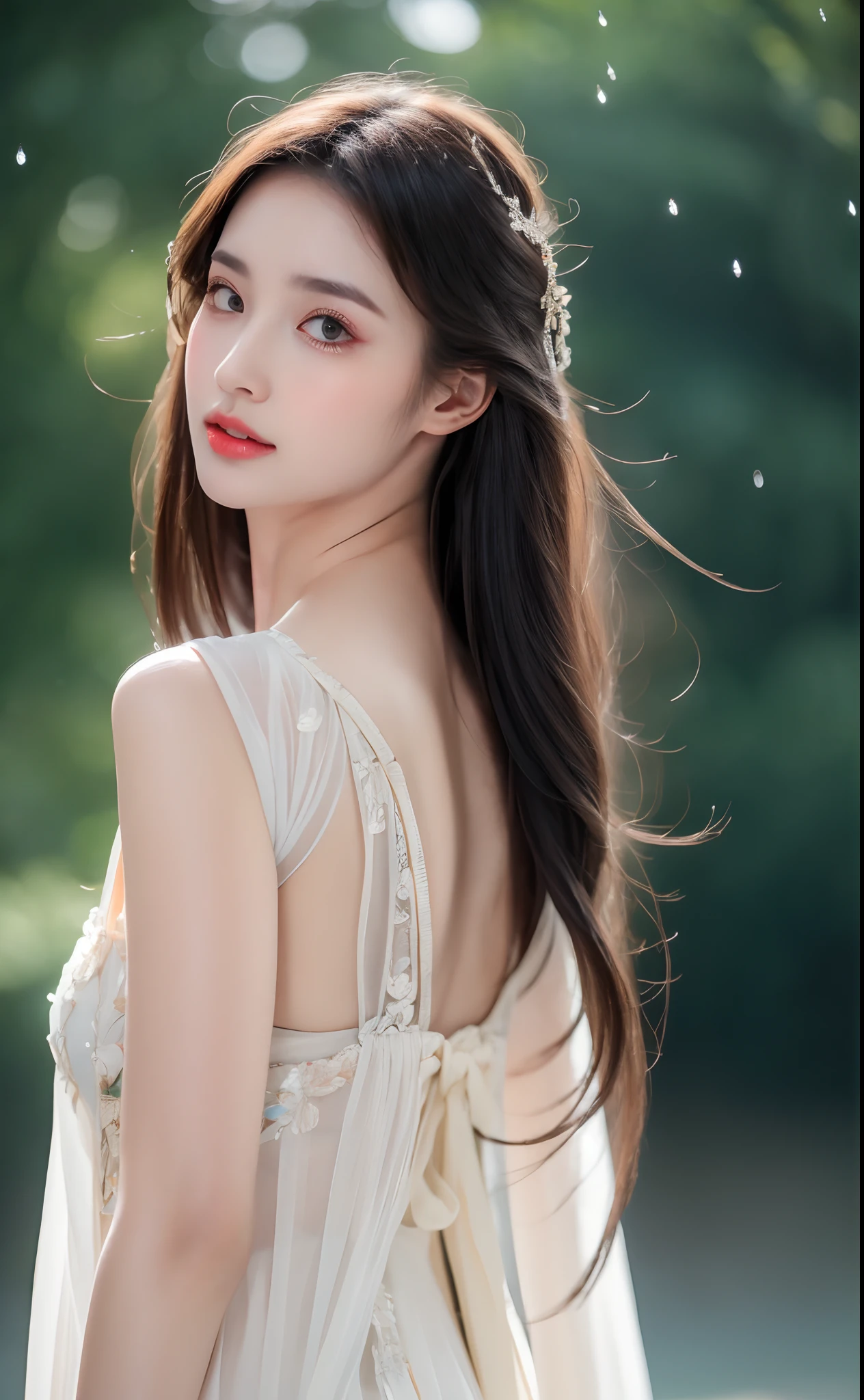 ((Best Quality, 8k, Masterpiece: 1.3)), Focus: 1.2, Perfect Body Beauty: 1.4, Buttocks: 1.2, ((Layered Haircut)), (Wet Clothes: 1.1), (Rain, Street:1.3), (Breasts: 1.2), (Hanfu: 1.2), Bare Shoulders, Bare Legs, Highly Detailed Face and Skin Texture, Fine Eyes, Double Eyelids, Whitened Skin, Long Hair, (Shut Up: 1.5), (Bokeh Background: 1.5), Big Breasts