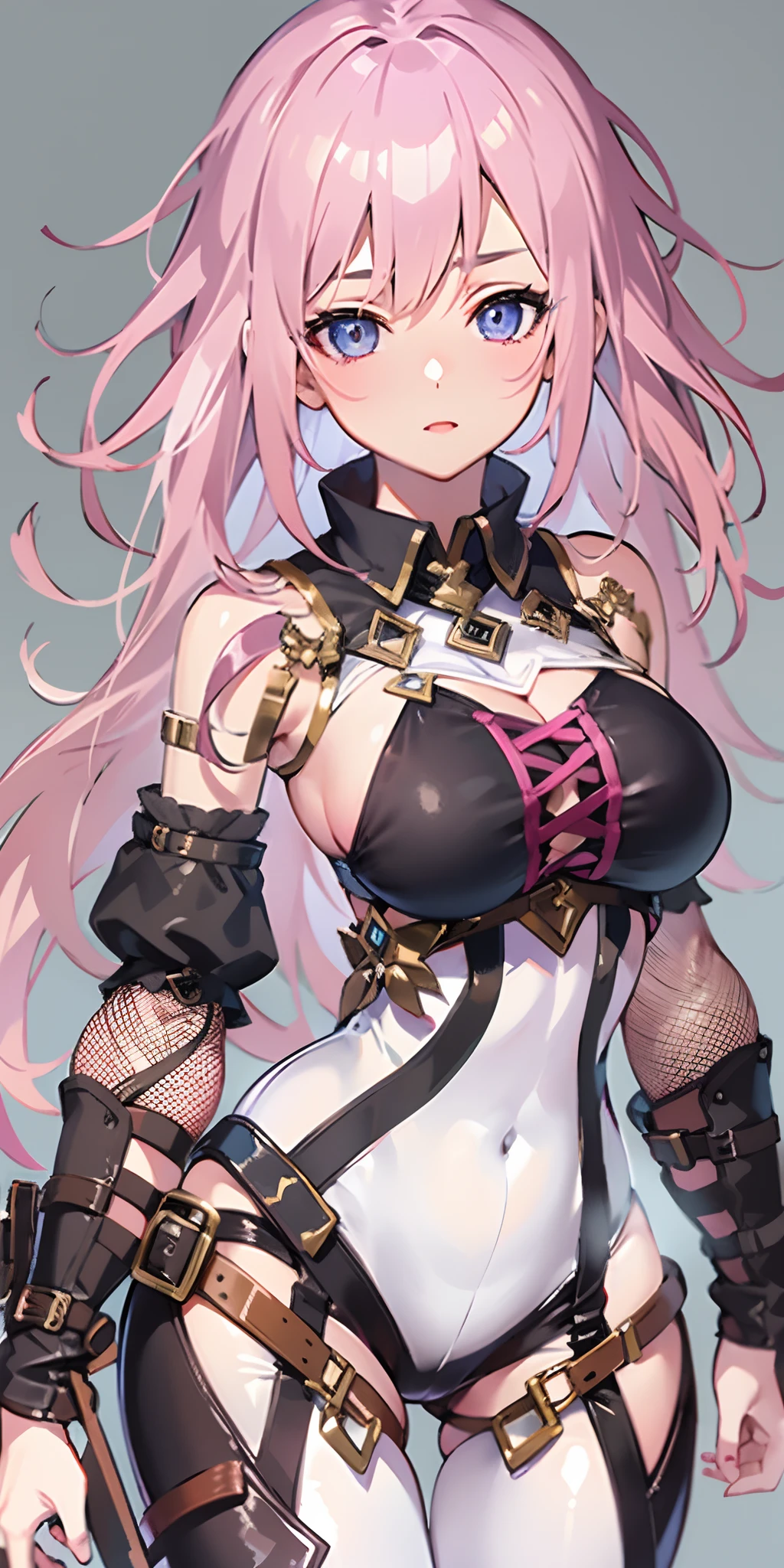 1girl, anime, cute girl, rogue, blank background, white background, fantasy, very detailed dark leather fantasy outfit with highlights, beautiful face, beautiful eyes, dark colors, assassin, medium breasts, slight cleavage, beautiful skin, cute, pink hair, breast curtains, extremely delicate and beautiful, (beautiful detailed face:1.0), (detailed deep eyes), symmetrical breasts, deep eyes, steam, shiny skin, portrait, slender waist, hips wider than shoulders, thighs