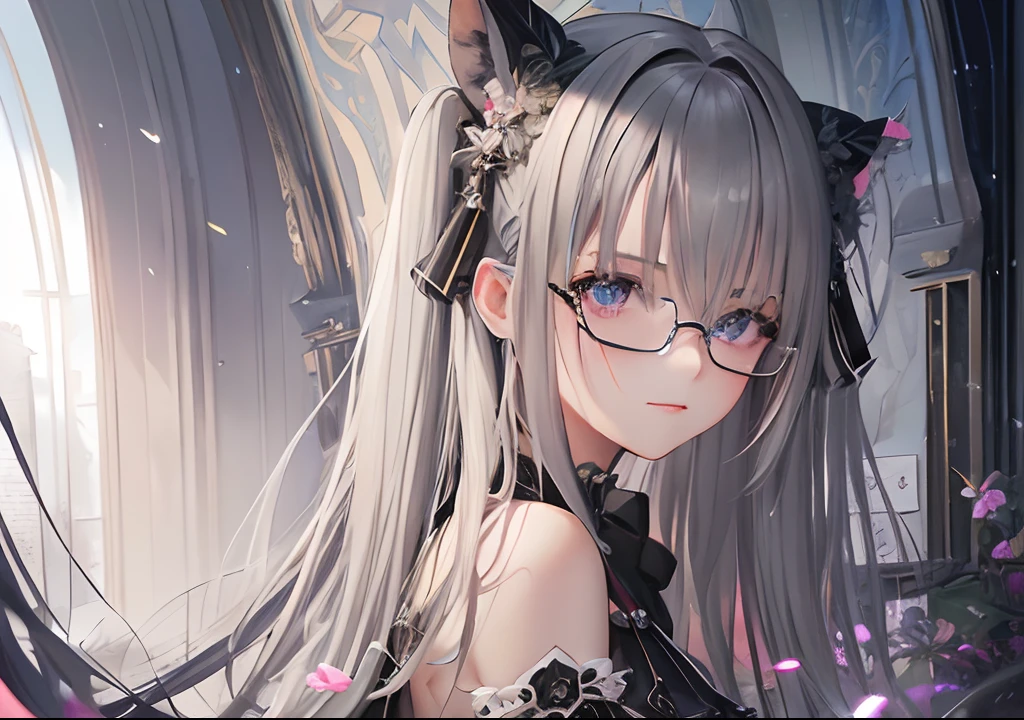(masterpiece),((top-quality)),(offcial art),(Beautiful and indulgent:1.2),(1girl in:1.3),((wears glasses)),Facial expressions that close the eyes,Small breasts,((Gray-haired beauty)),breasts are small、BREAK,Beautiful woman in gothic dress,Twin-tailed,Detailed drawing。Vibrant colors。colourfull、viewersviewing,highestdetailed ((ultra-detailliert)),(Highly detailed 2D illustrations),((Extremely delicate and beautiful))Super Detail