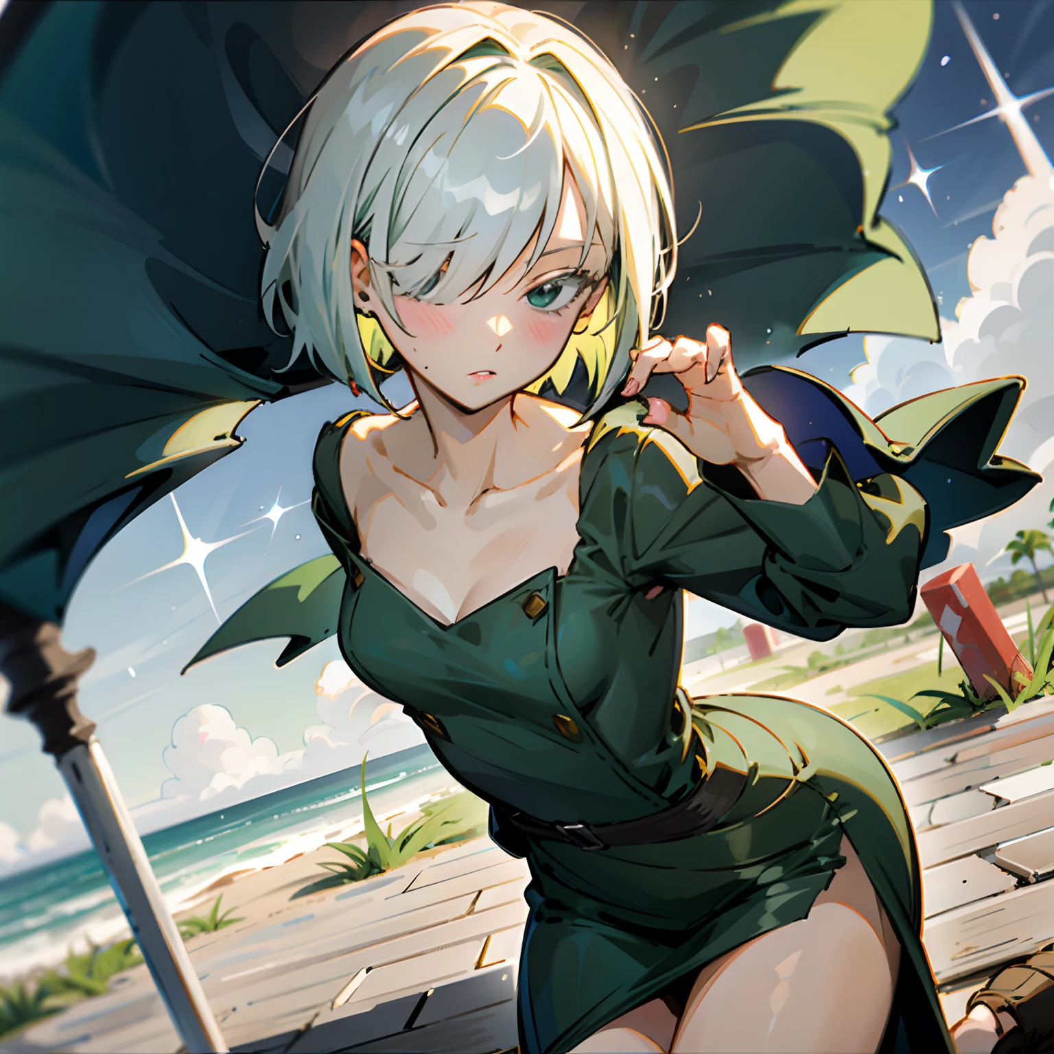 Natural Volumetric Lighting And Best Shadows, Deep Depth Of Field, Sharp Focus,1girl, solo, Terrible_Tornado,looking_at_viewer, blush, short_hair, bangs, green_hair, green_eyes,detailed eyes, collarbone, thighs, small_breasts, outdoors, parted_lips, green_hair, float, cloud, dark green dress, cloudy_sky, pelvic_curtain, side_slit, curly_hair, flipped_hair,