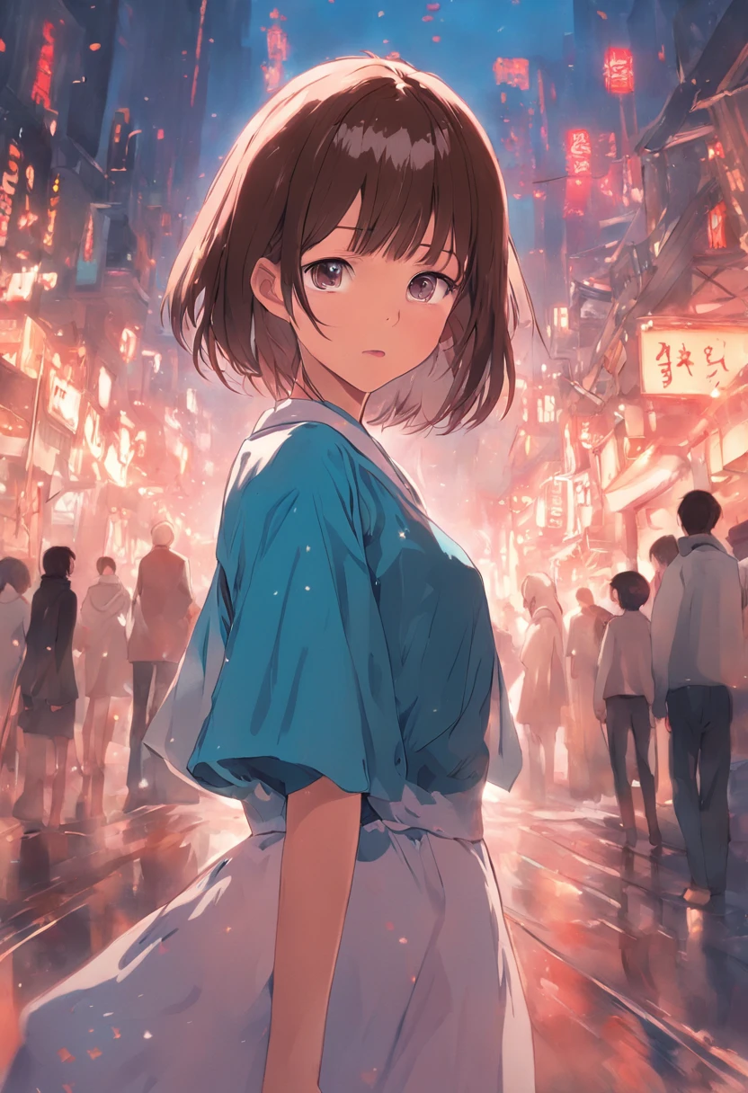 Arab asian woman with short brown hair and blue dress, With short hair, 奈良美智, chiho, sakimichan, sakimichan, kiko mizuhara, Ayaka, Chiho Aoshima, girl cute-fine-face, with short hair with bangs, sayori, Choi Hong Hwa