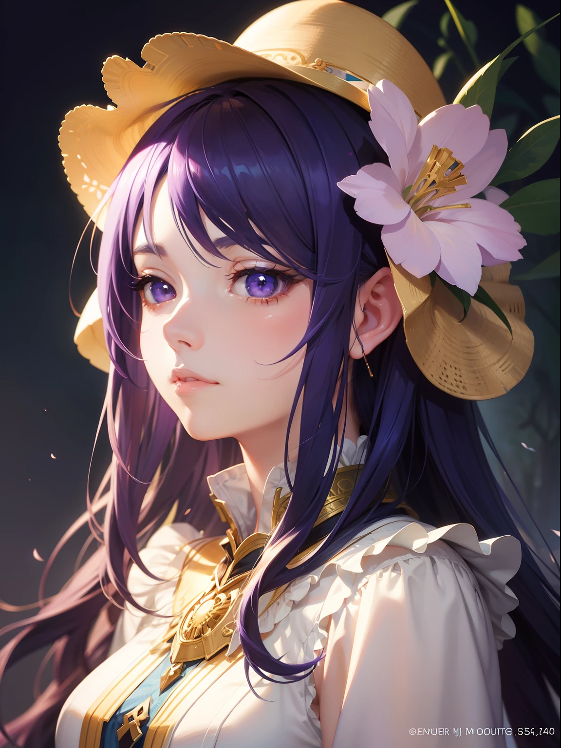 20yr old、Anime girl with flowers and hat in her hair, a beautiful artwork illustration, beautiful digital works of art, stunning digital illustration, beautiful digital illustrations, ross tran 8 k, Authors:Oliver Sheen, Fantasyart, beautiful character painting, beautiful fantasy art portrait, Exquisite digital illustration, Fantasy Art Style, alphonse mucha and rossdraws, detailed fantasy digital art, beautiful fantasy portrait、Blue-purple hair