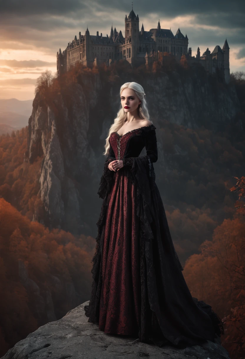 In the European Middle Ages, distant peaks towered into the clouds, waterfalls fell and covered with snow, the vampire lady stood on the edge of the cliff with a scepter, the palace behind her was resplendent, the huge sunset hung in the sky shining on the queen's face, grand scene, Gothic style, retro, realism, cinematic, dark style