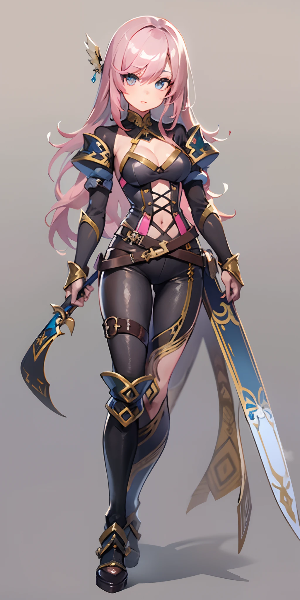 1girl, anime, cute girl, rogue, blank background, white background, fantasy, very detailed dark leather fantasy outfit with highlights, beautiful face, beautiful eyes, dark colors, assassin, medium breasts, slight cleavage, beautiful skin, cute, pink hair, breast curtains, extremely delicate and beautiful, (beautiful detailed face:1.0), (detailed deep eyes), symmetrical breasts, deep eyes, steam, shiny skin, portrait, slender waist, hips wider than shoulders, thighs